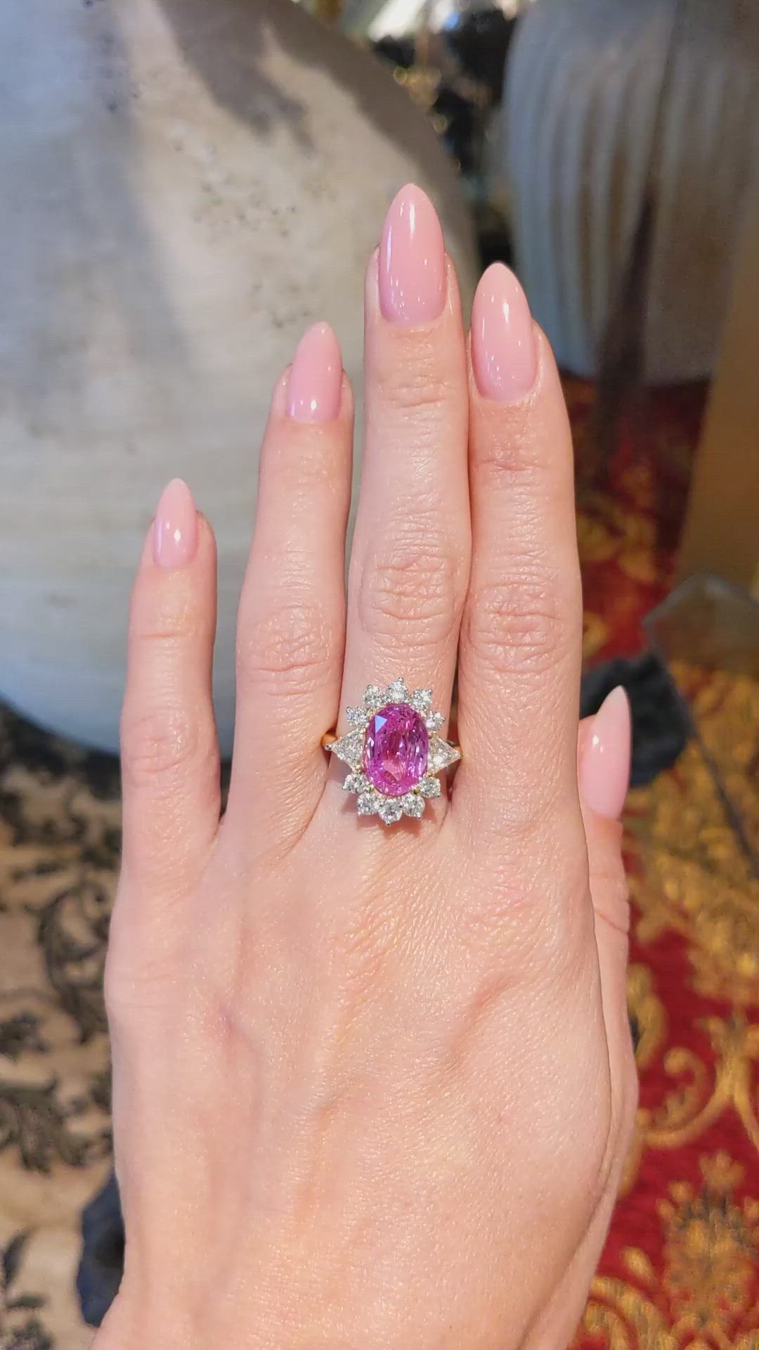 5.15 Ct. Padparadscha Sapphire and Natural Diamond Halo Ring, 18K Yellow Gold Size Video