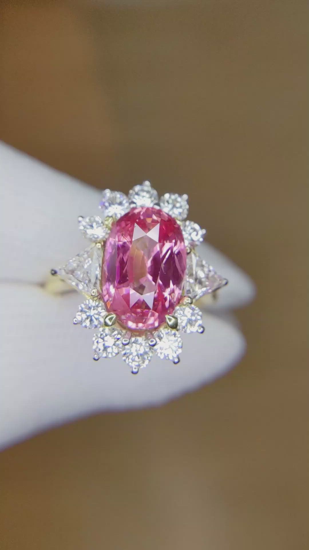 5.15 Ct. Padparadscha Sapphire and Natural Diamond Halo Ring, 18K Yellow Gold Size Video