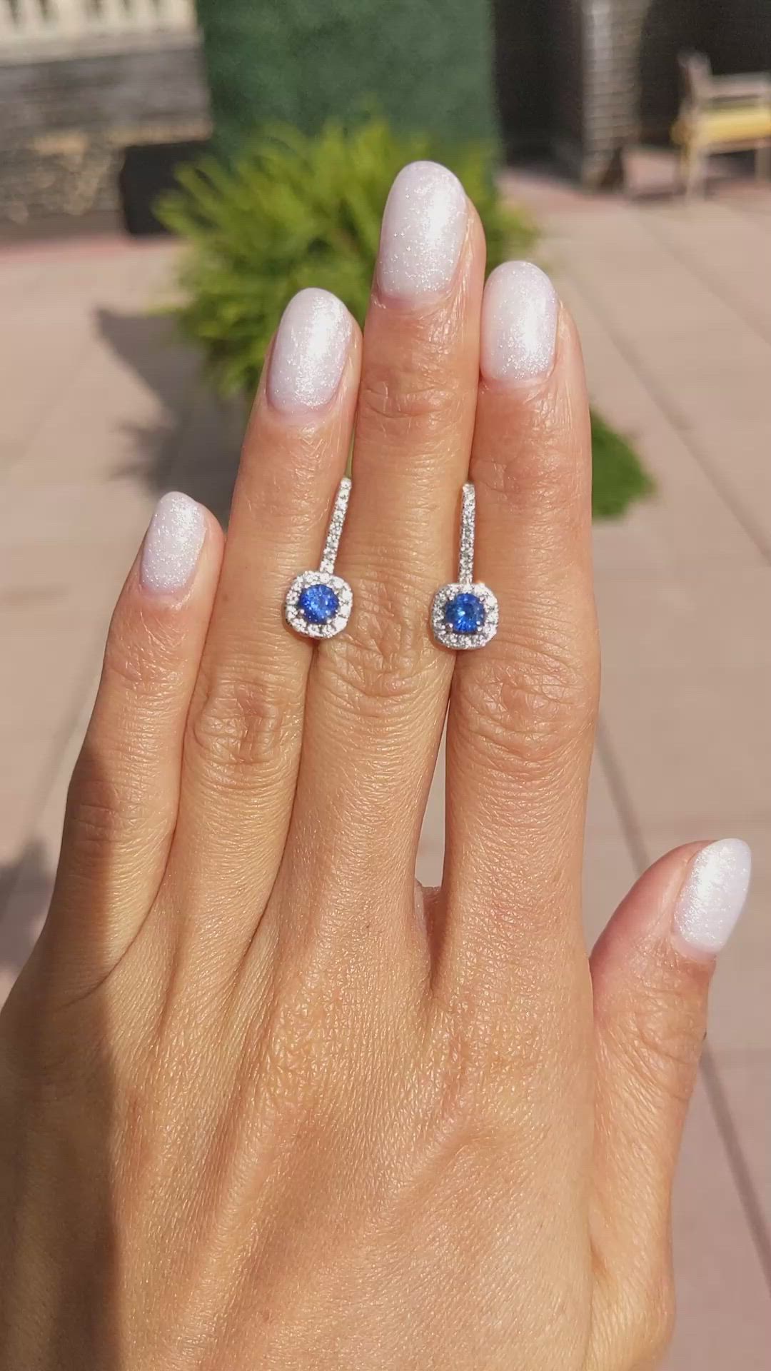 0.88 Ct.Tw.Total Carat Weight Blue Sapphire and Natural Diamond Pave Earrings, 18K White Gold Size Video