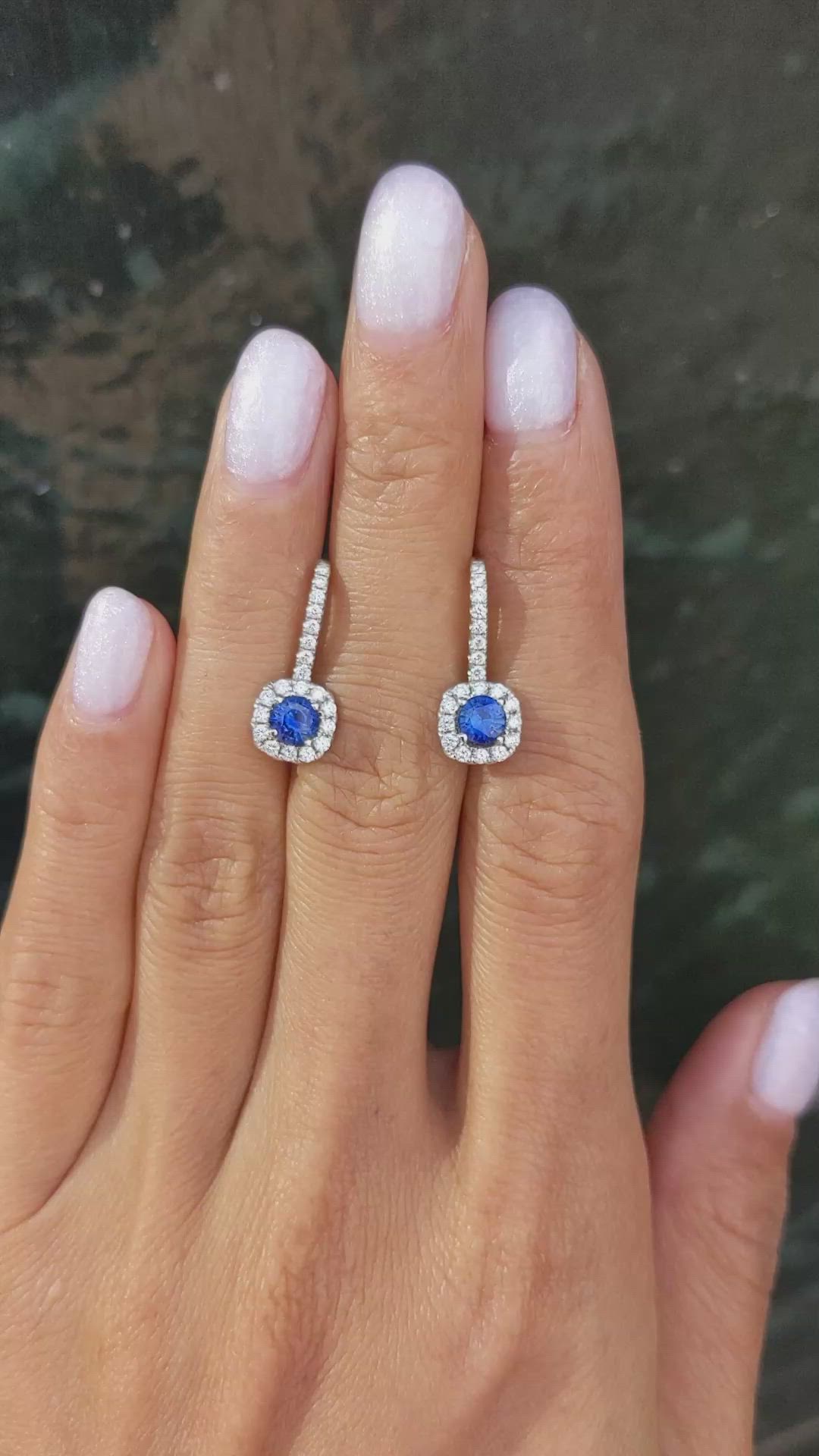 0.88 Ct.Tw.Total Carat Weight Blue Sapphire and Natural Diamond Pave Earrings, 18K White Gold Size Video