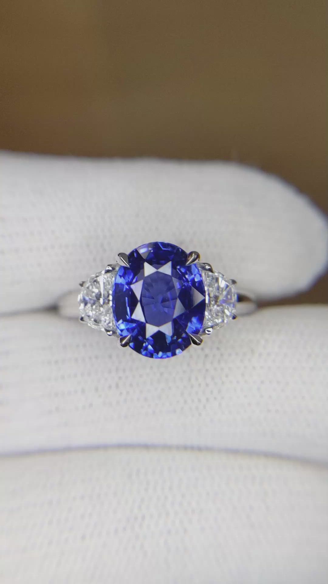 4.07 Ct. Blue Sapphire and Natural Diamond Three Stone Ring, 18K White Gold Size Video