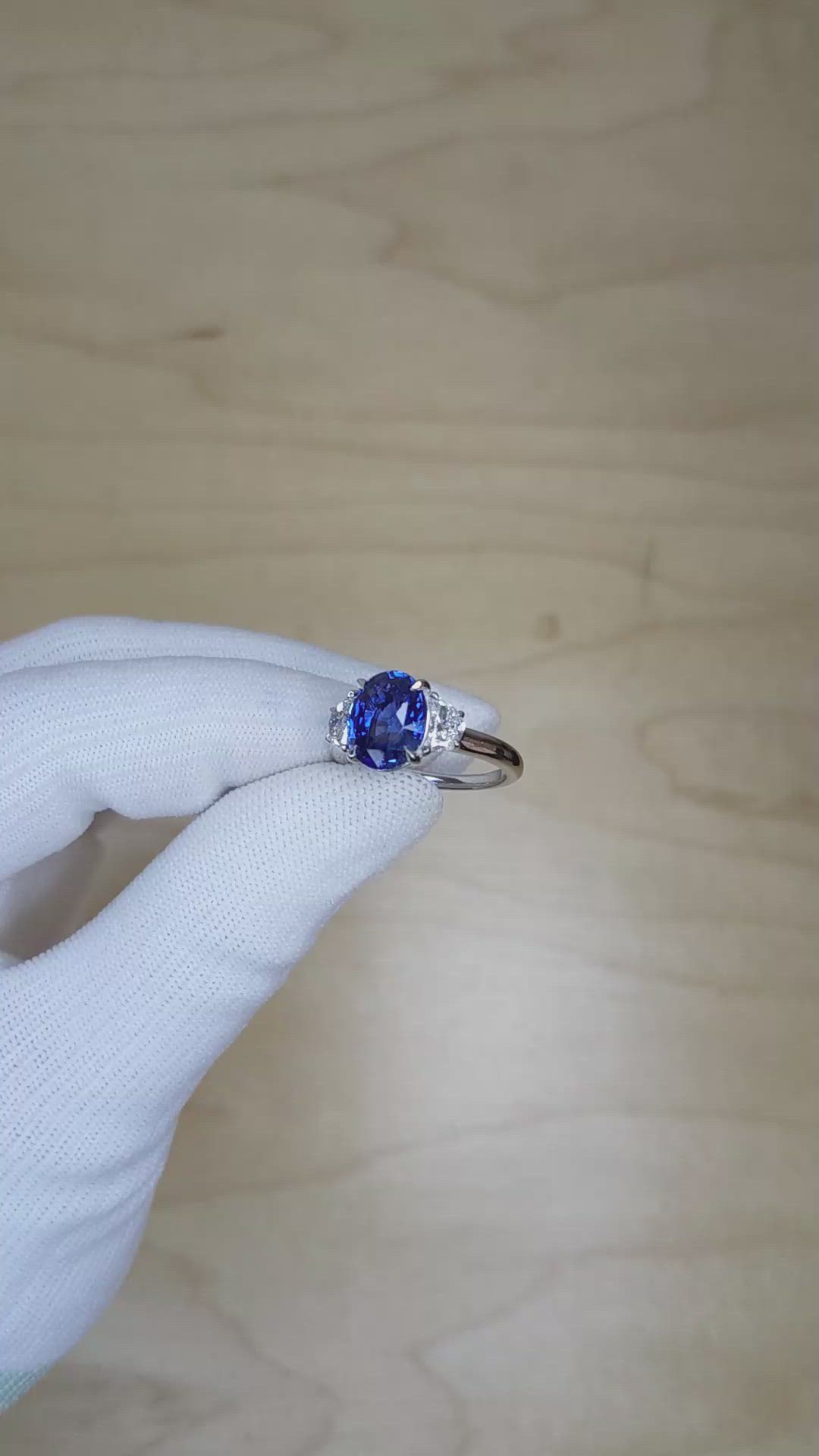 4.07 Ct. Blue Sapphire and Natural Diamond Three Stone Ring, 18K White Gold Size Video