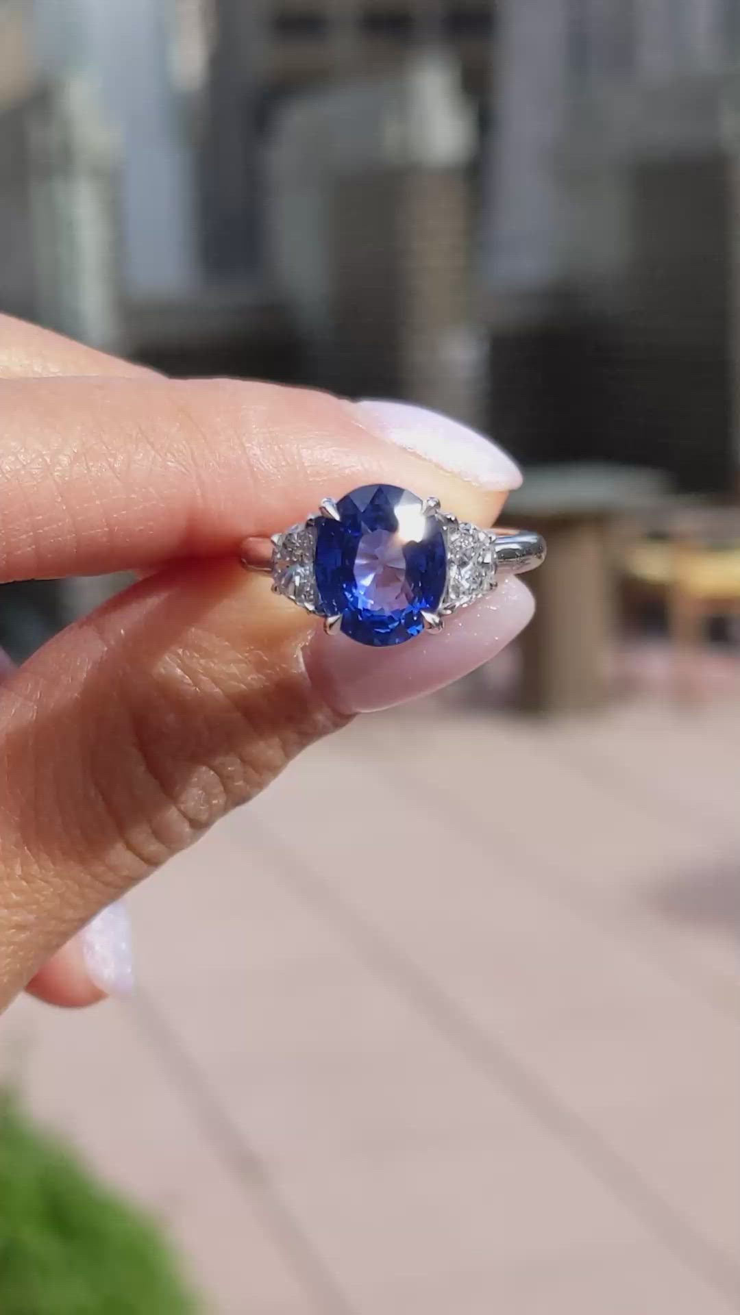 4.07 Ct. Blue Sapphire and Natural Diamond Three Stone Ring, 18K White Gold Size Video