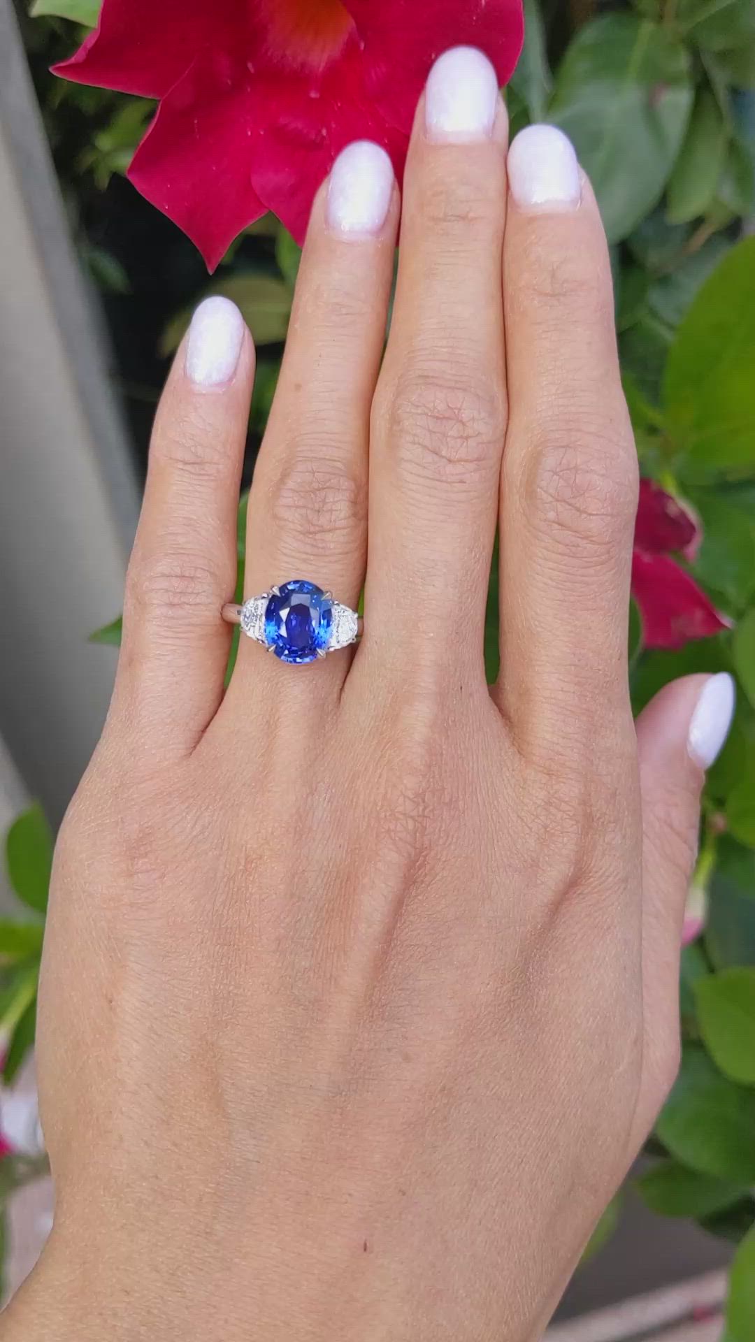 4.07 Ct. Blue Sapphire and Natural Diamond Three Stone Ring, 18K White Gold Size Video