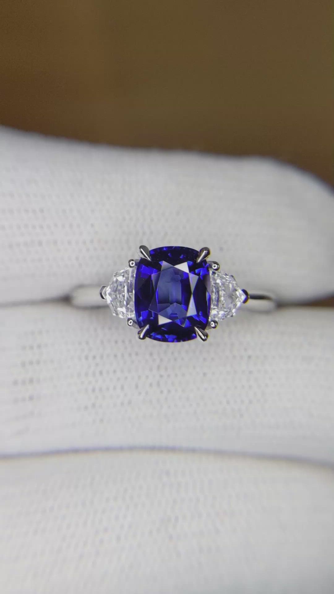 2.13 Ct. Blue Sapphire and Natural Diamond Three Stone Ring, 18K White Gold Size Video