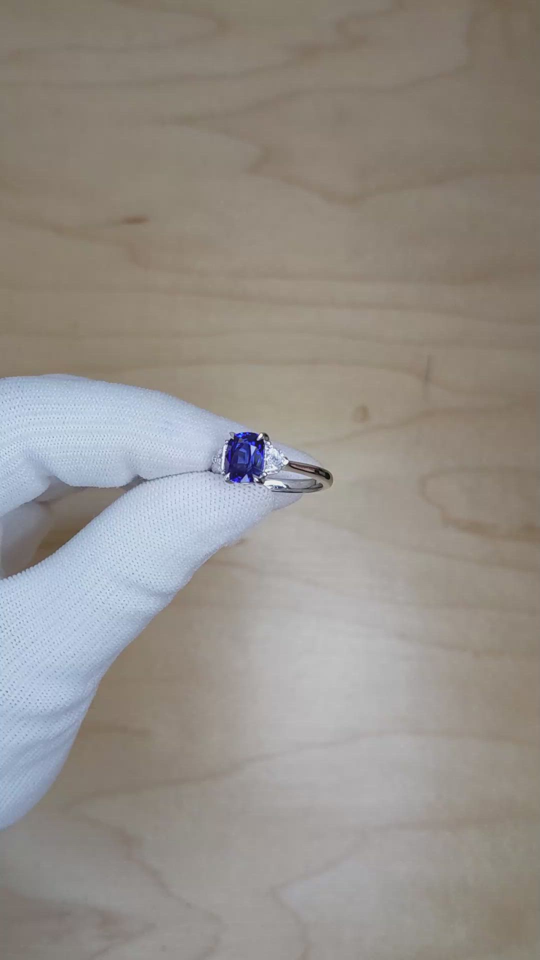 2.13 Ct. Blue Sapphire and Natural Diamond Three Stone Ring, 18K White Gold Size Video