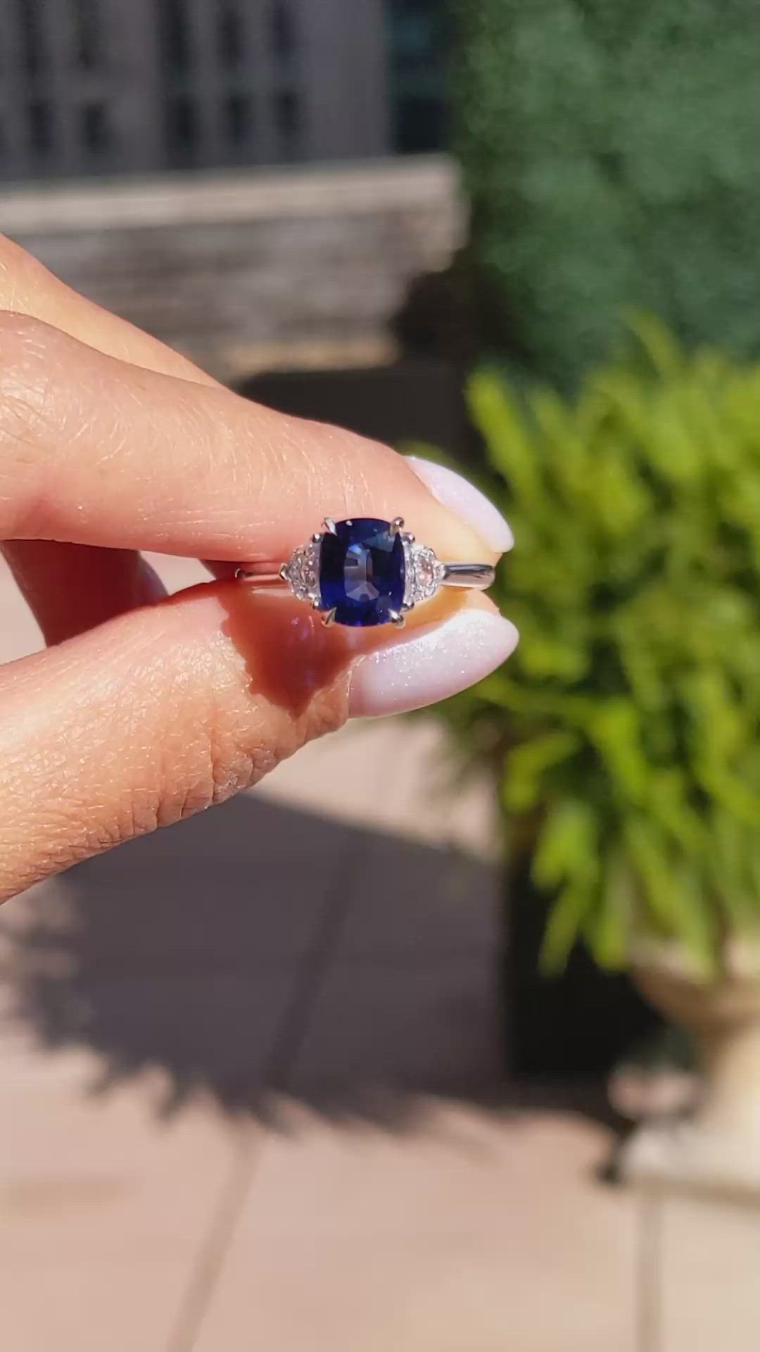 2.13 Ct. Blue Sapphire and Natural Diamond Three Stone Ring, 18K White Gold Size Video