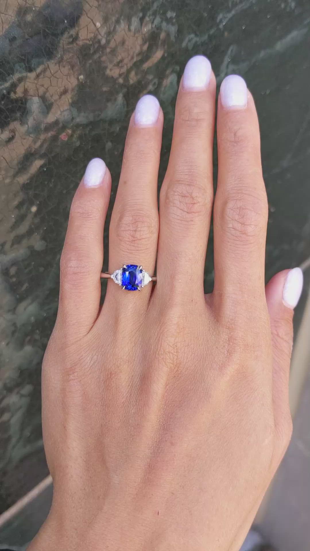 2.13 Ct. Blue Sapphire and Natural Diamond Three Stone Ring, 18K White Gold Size Video