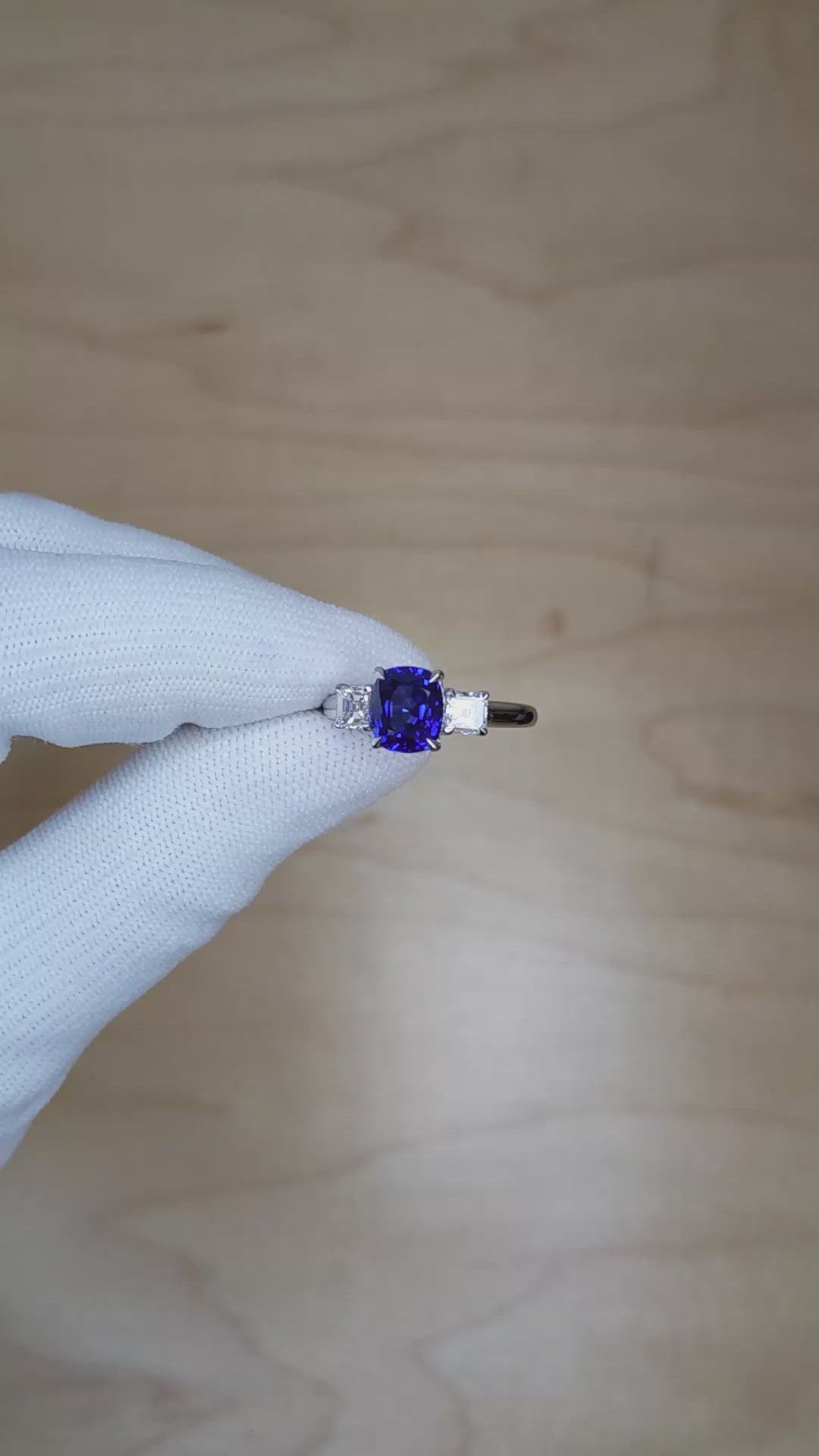 2.30 Ct. Blue Sapphire and Natural Diamond Three Stone Ring, 18K White Gold Size Video