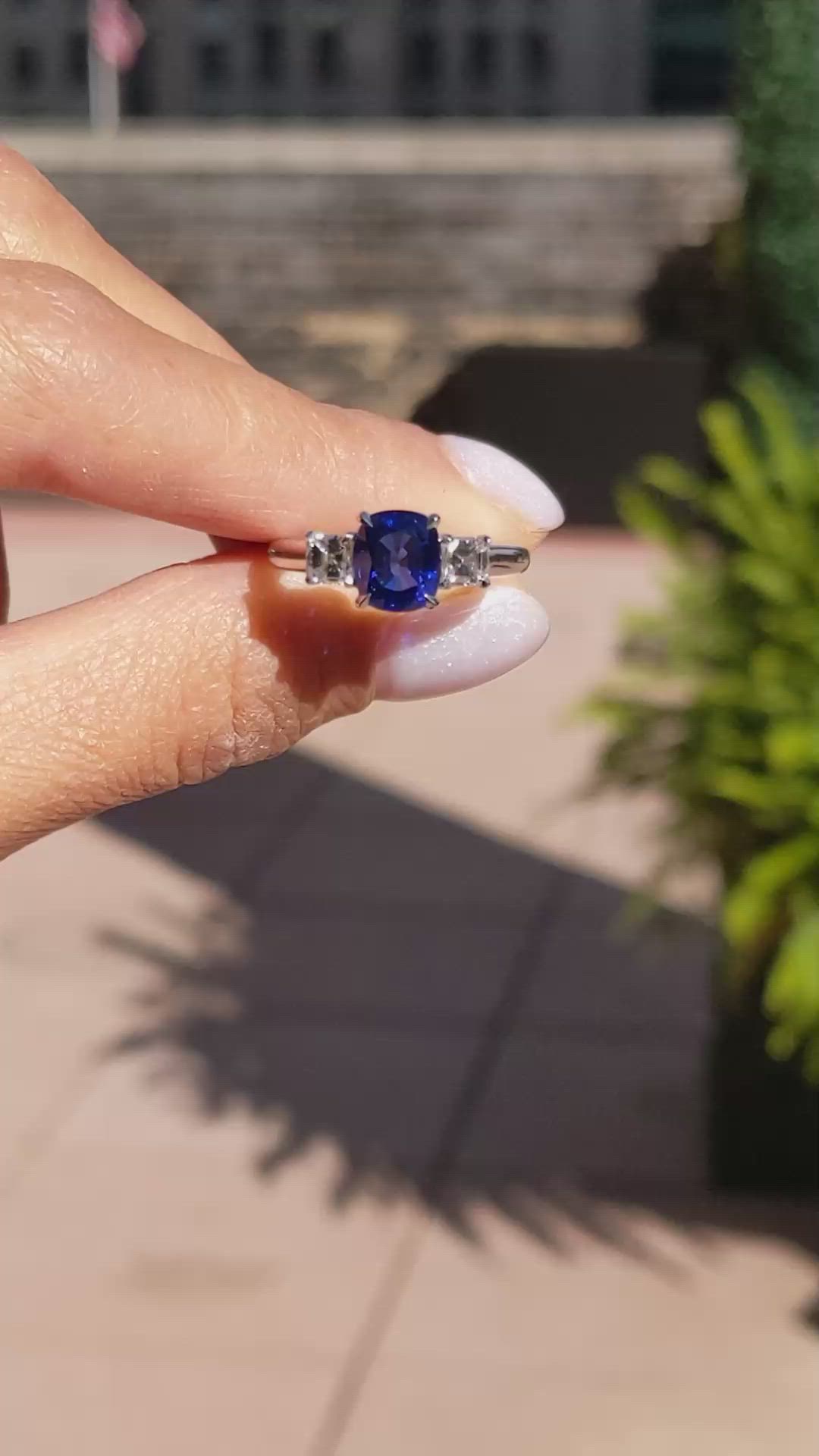 2.30 Ct. Blue Sapphire and Natural Diamond Three Stone Ring, 18K White Gold Size Video