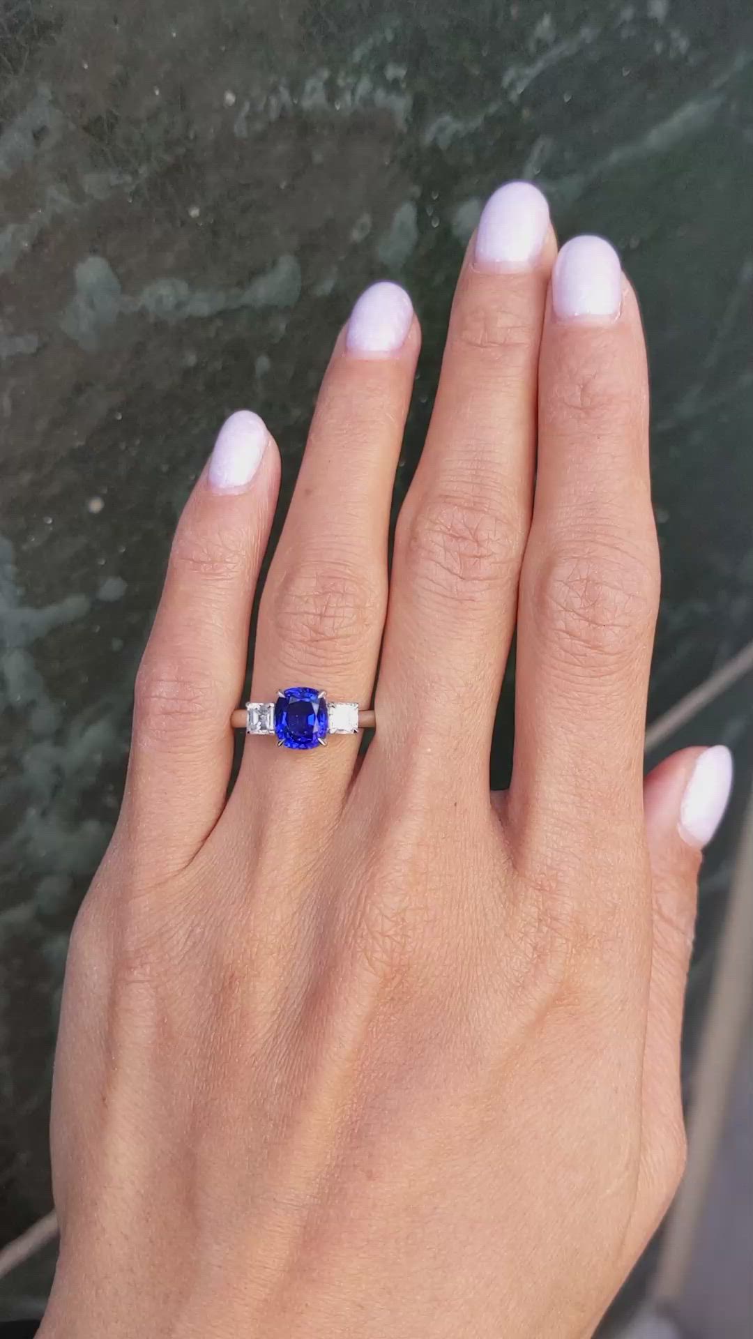 2.30 Ct. Blue Sapphire and Natural Diamond Three Stone Ring, 18K White Gold Size Video