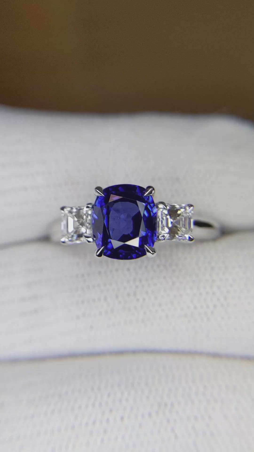2.30 Ct. Blue Sapphire and Natural Diamond Three Stone Ring, 18K White Gold Size Video