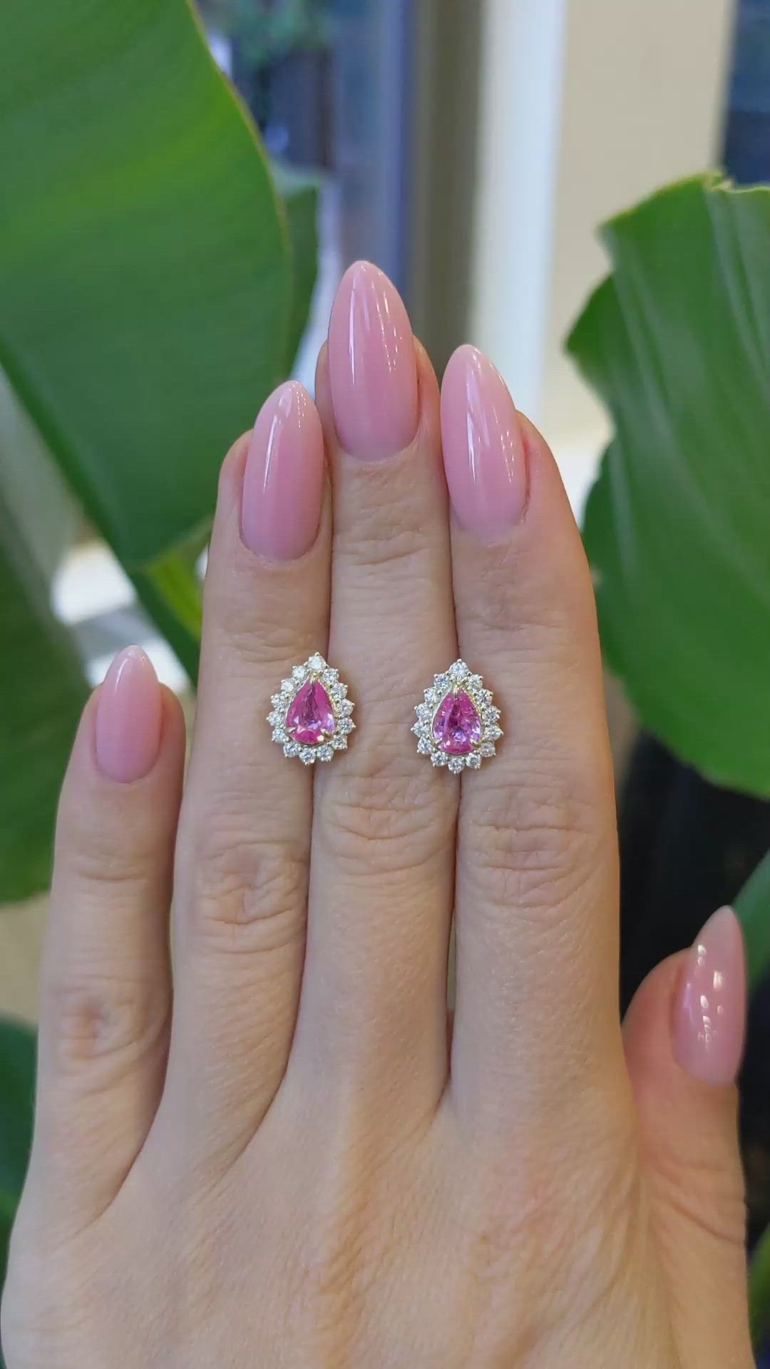 1.18&nbsp;Ct.Tw.Total Carat Weight Pink Sapphire and Natural Diamond Halo Earrings, 14K Yellow Gold Size Video