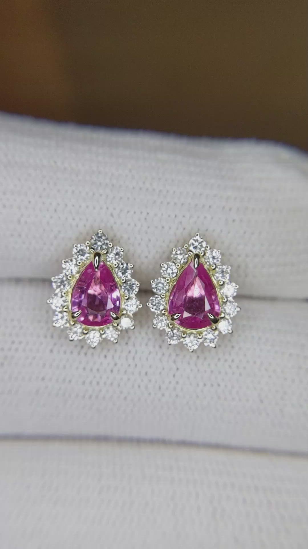 1.18&nbsp;Ct.Tw.Total Carat Weight Pink Sapphire and Natural Diamond Halo Earrings, 14K Yellow Gold Size Video
