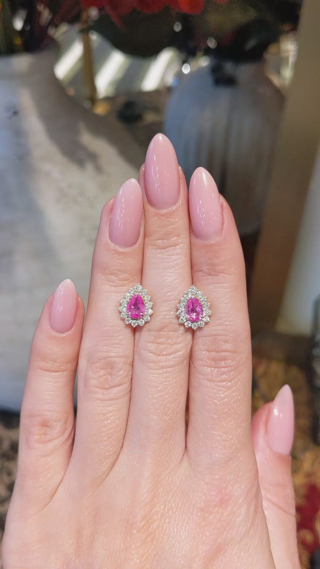 1.18&nbsp;Ct.Tw.Total Carat Weight Pink Sapphire and Natural Diamond Halo Earrings, 14K Yellow Gold Size Video