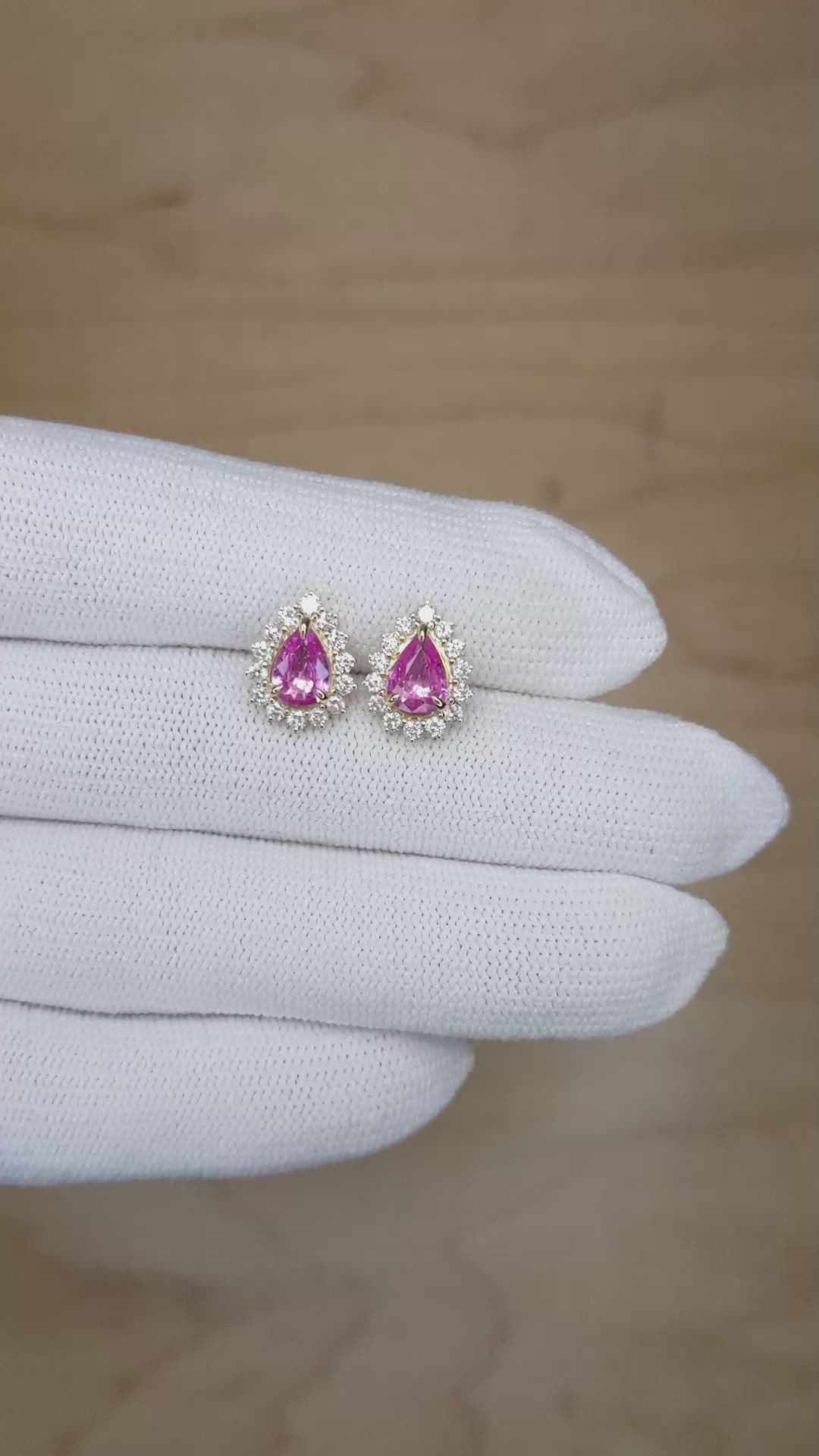 1.18&nbsp;Ct.Tw.Total Carat Weight Pink Sapphire and Natural Diamond Halo Earrings, 14K Yellow Gold Size Video