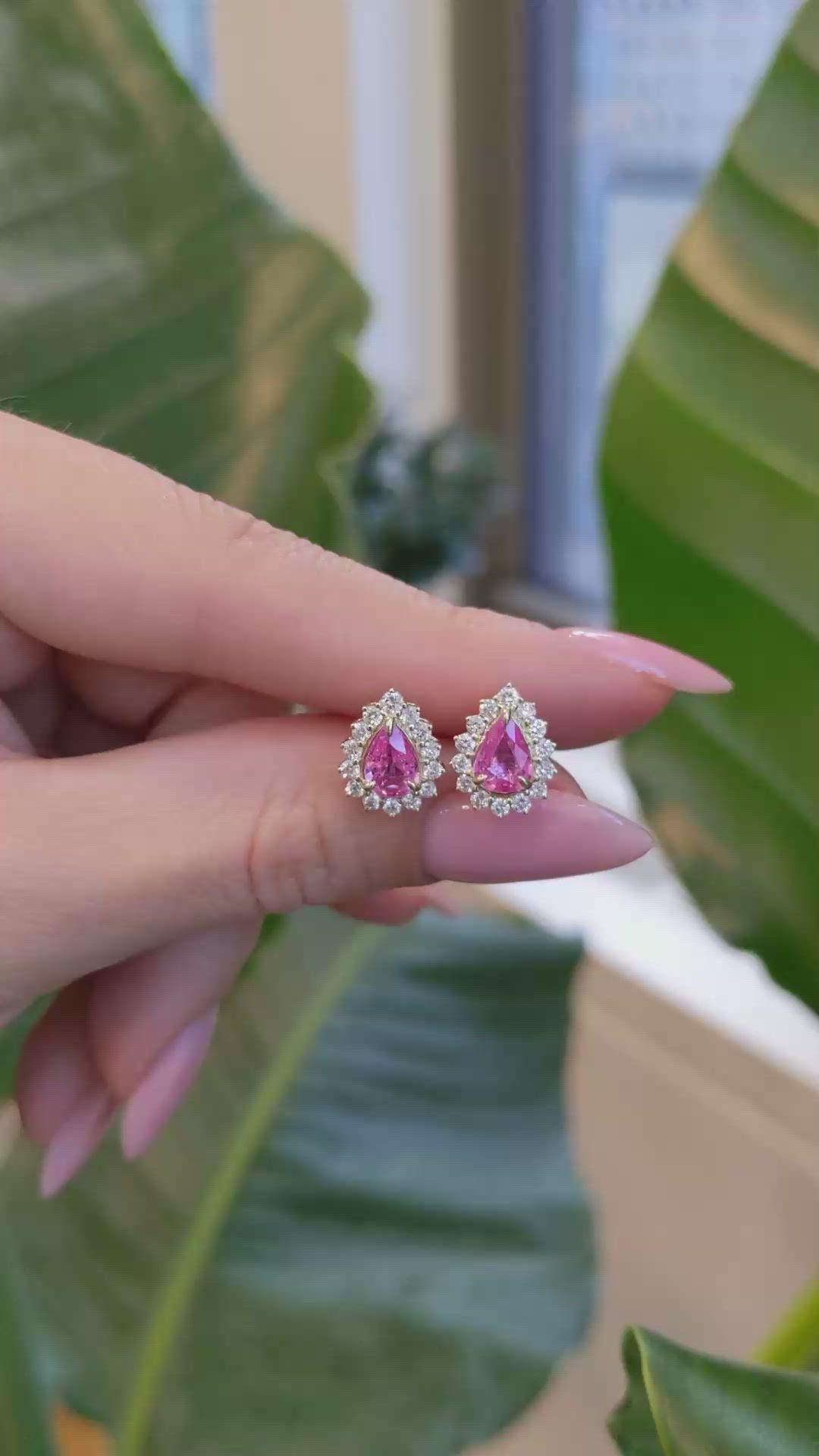 1.18&nbsp;Ct.Tw.Total Carat Weight Pink Sapphire and Natural Diamond Halo Earrings, 14K Yellow Gold Size Video