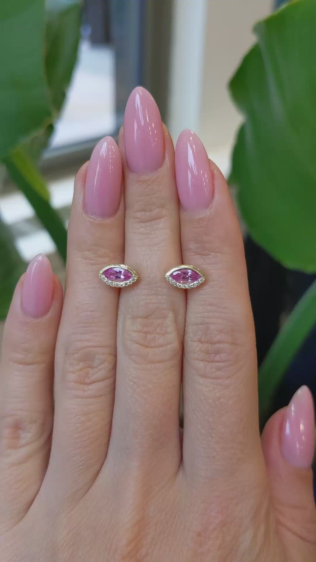 1.09 Ct.Tw. Pink Sapphire and Natural Diamond Studs Earrings, 14K Yellow Gold Size Video