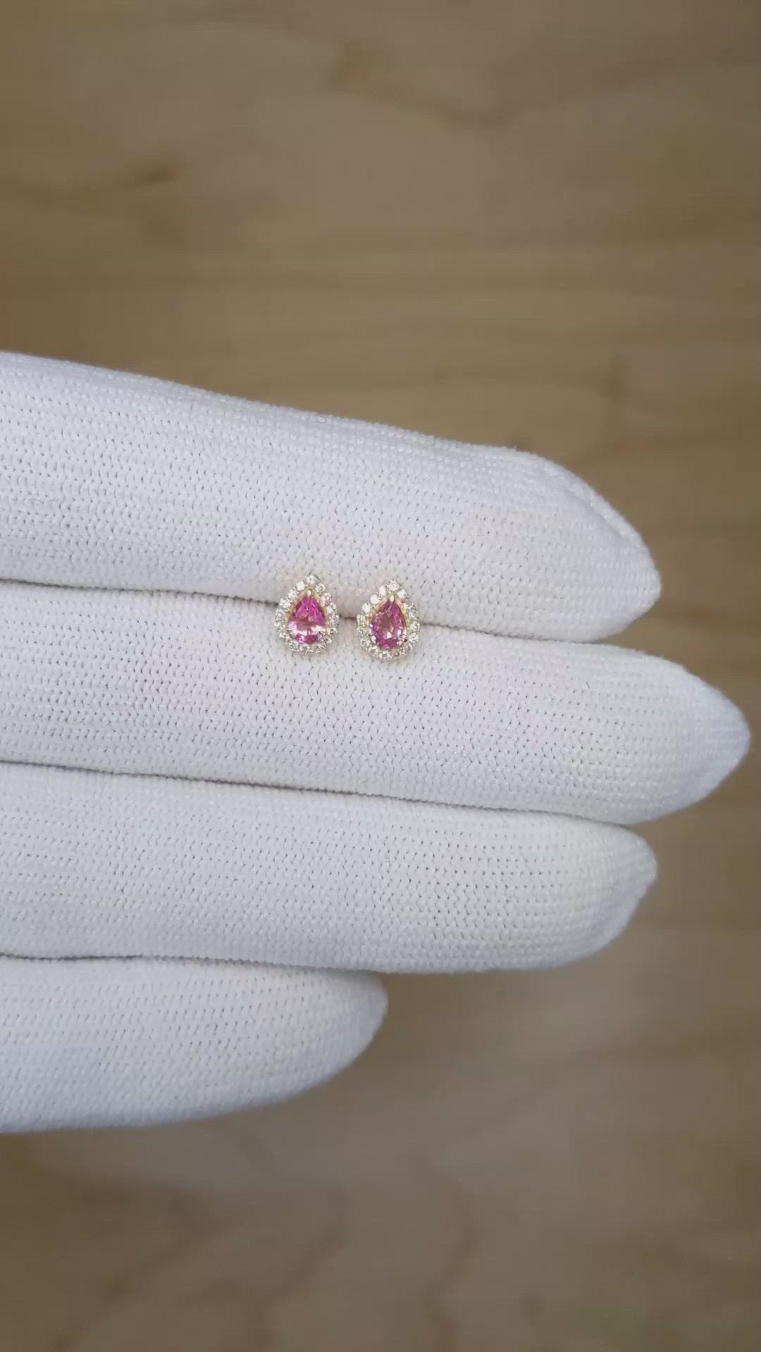 0.29 Ct.Tw.Total Carat Weight Pink Sapphire and Natural Diamond Studs Earrings, 14K Yellow Gold Size Video