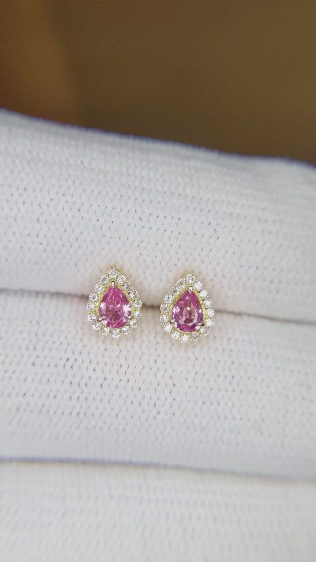 0.29 Ct.Tw.Total Carat Weight Pink Sapphire and Natural Diamond Studs Earrings, 14K Yellow Gold Size Video