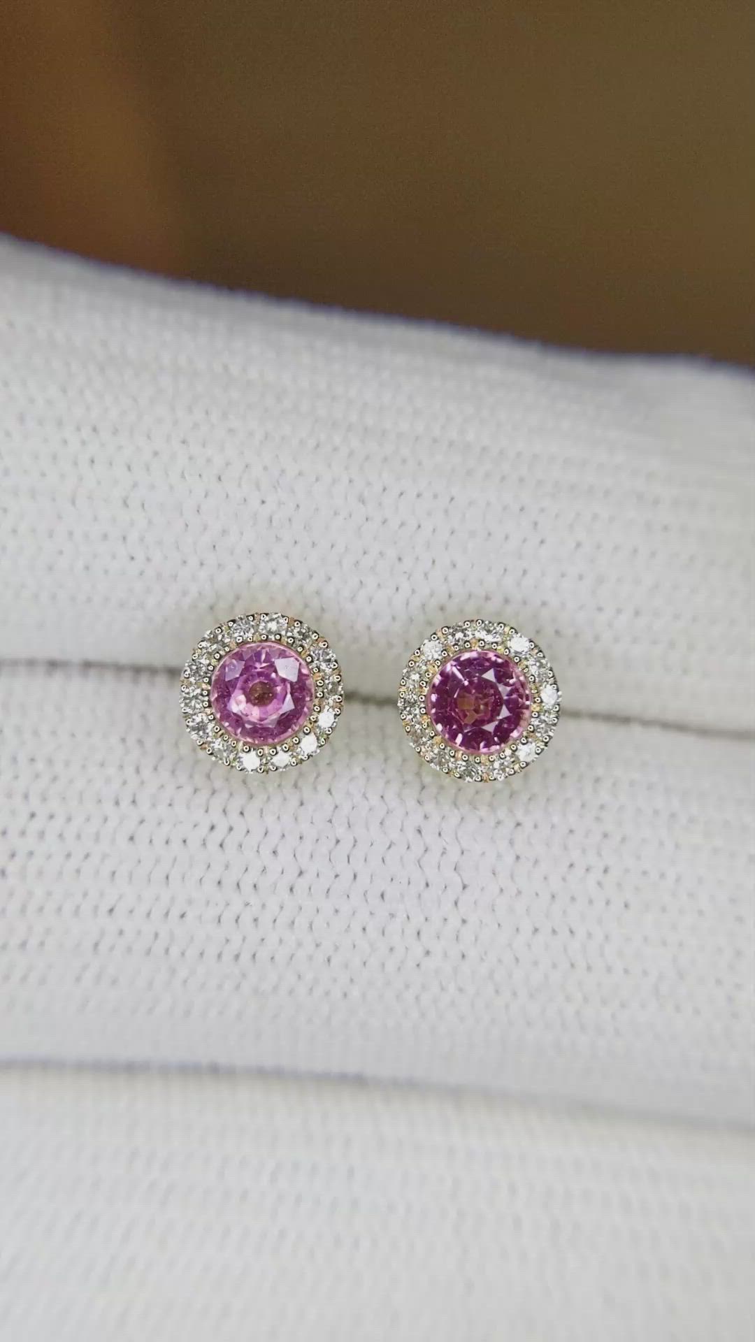 0.71&nbsp;Ct.Tw.Total Carat Weight Pink Sapphire and Natural Diamond Studs Earrings, 14K Yellow Gold Size Video