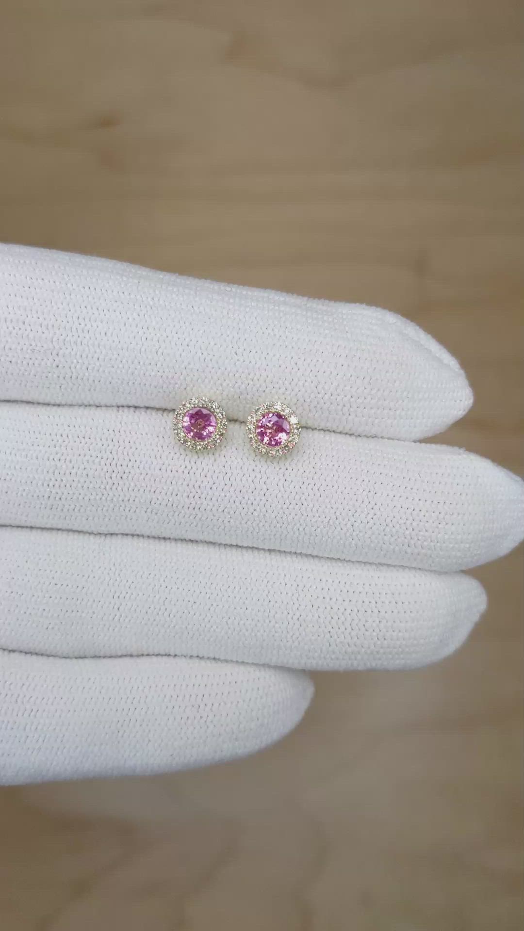 0.71&nbsp;Ct.Tw.Total Carat Weight Pink Sapphire and Natural Diamond Studs Earrings, 14K Yellow Gold Size Video