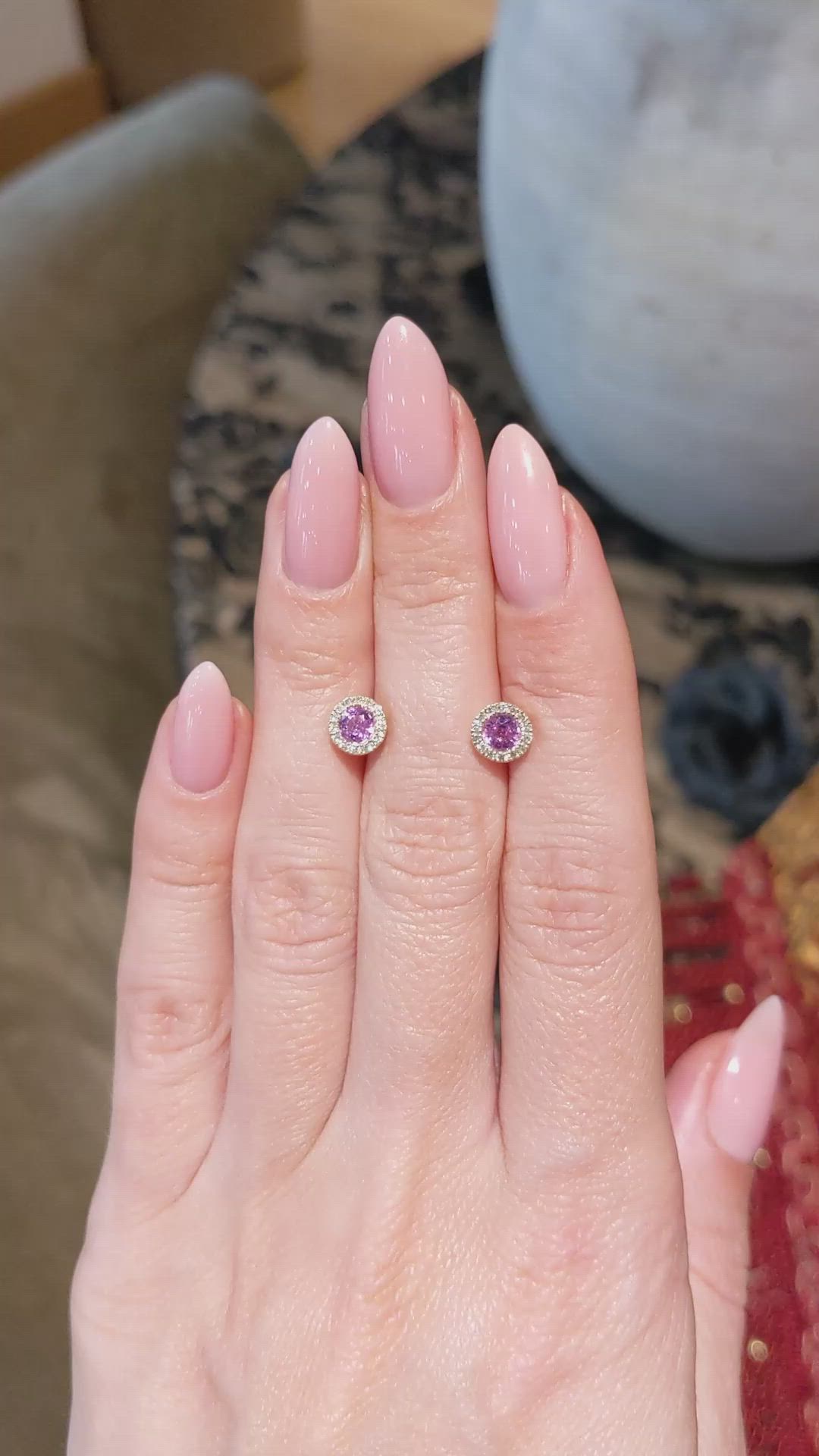 0.71&nbsp;Ct.Tw.Total Carat Weight Pink Sapphire and Natural Diamond Studs Earrings, 14K Yellow Gold Size Video