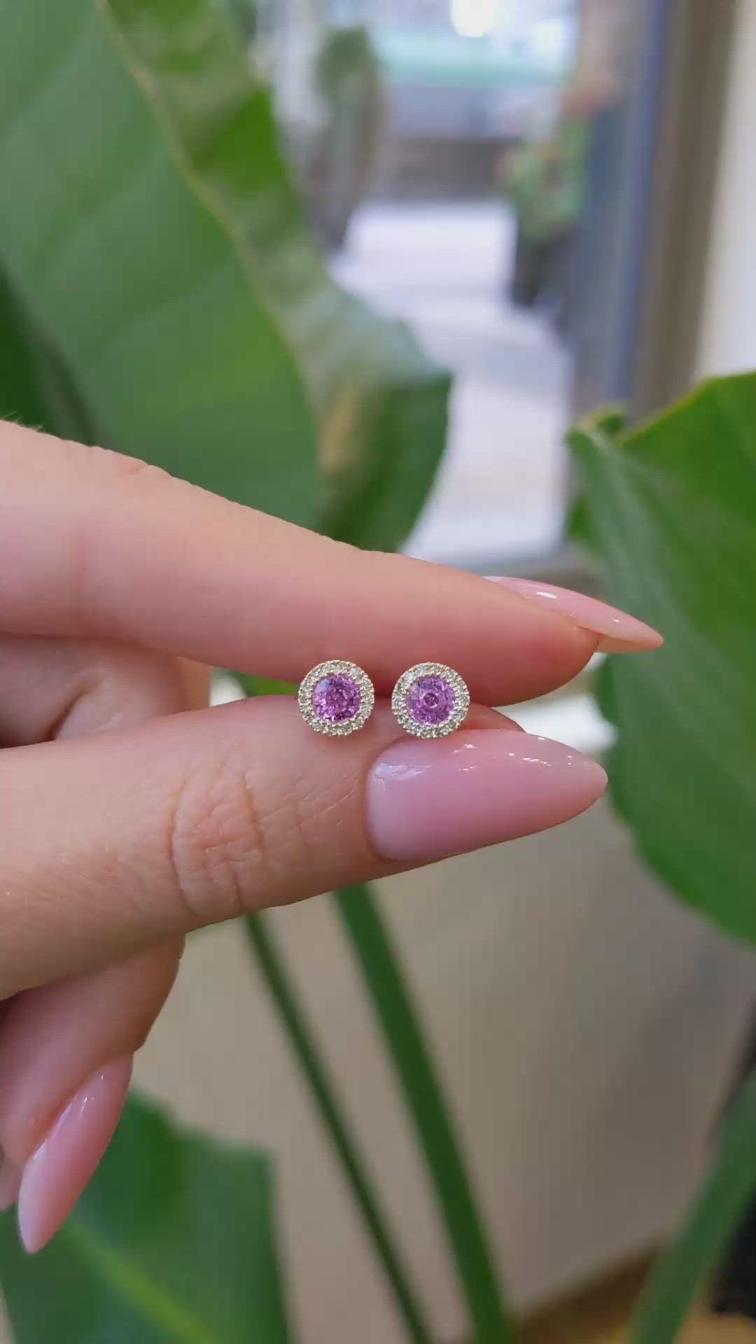 0.71&nbsp;Ct.Tw.Total Carat Weight Pink Sapphire and Natural Diamond Studs Earrings, 14K Yellow Gold Size Video