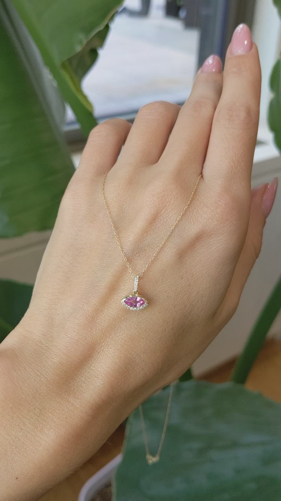 0.48 Ct. Pink Sapphire and Natural Diamond Pave Pendant, 14K Yellow Gold Size Video