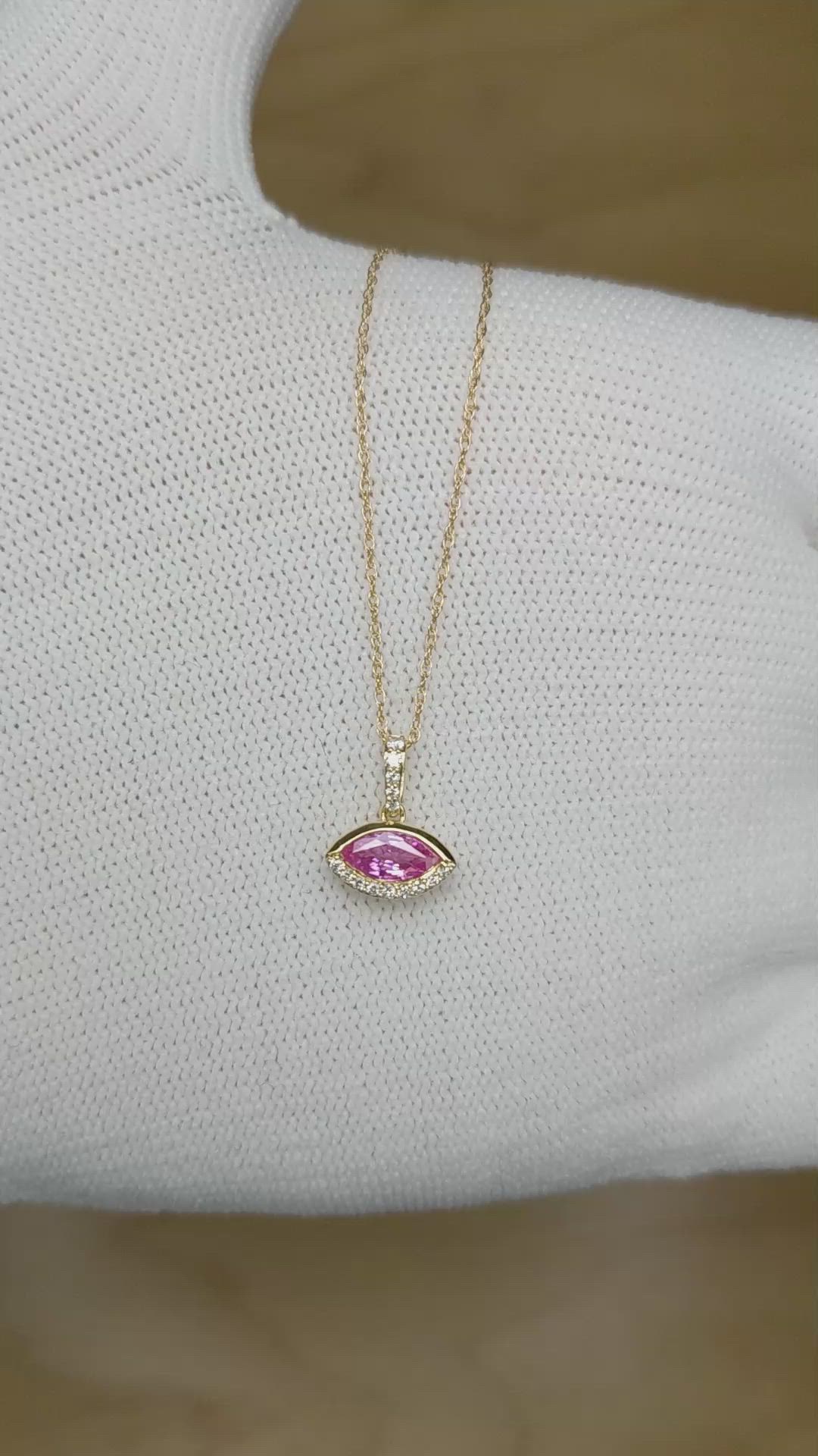 0.48 Ct. Pink Sapphire and Natural Diamond Pave Pendant, 14K Yellow Gold Size Video
