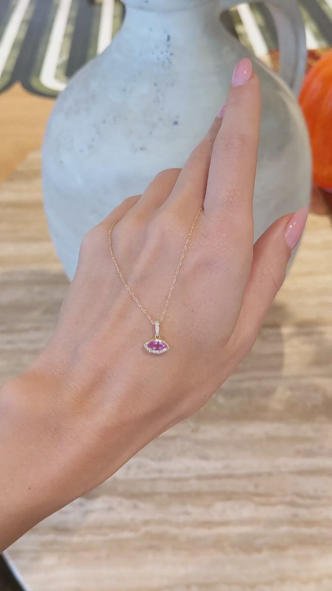 0.48 Ct. Pink Sapphire and Natural Diamond Pave Pendant, 14K Yellow Gold Size Video
