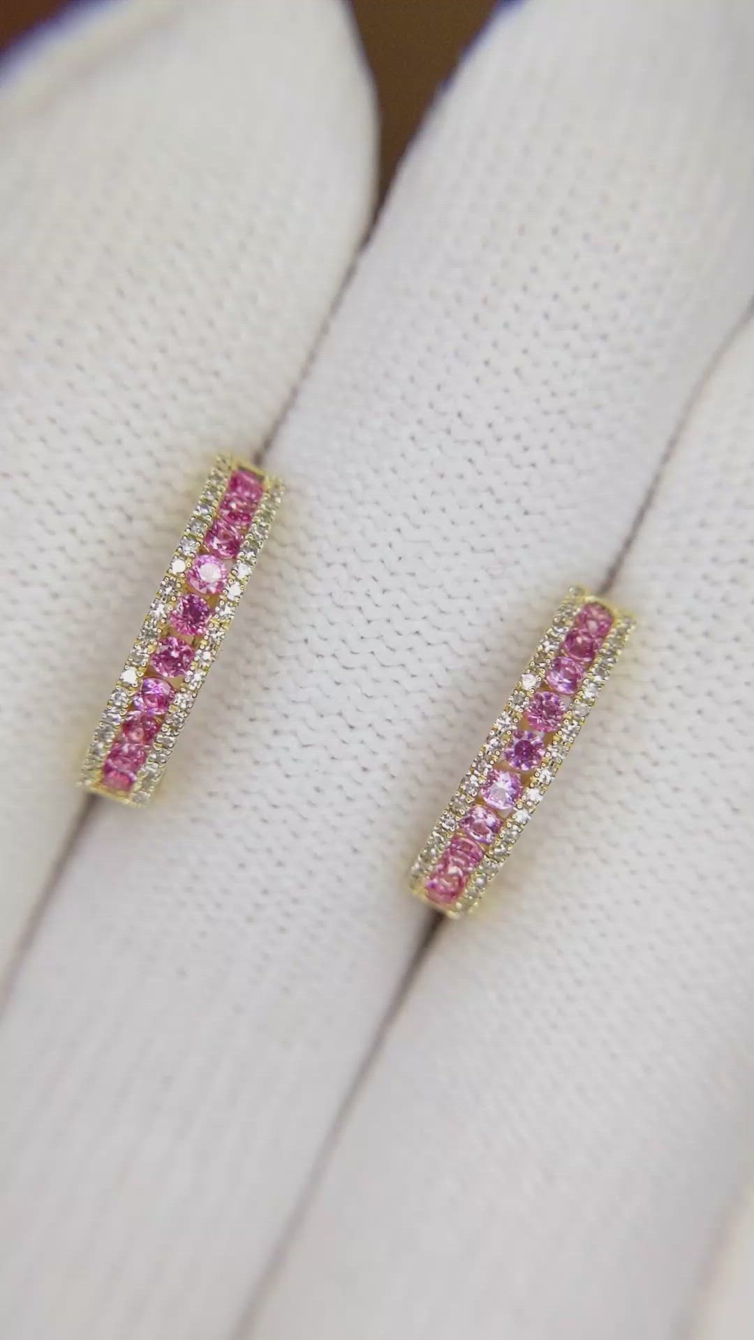 0.41 Ct.Tw. Pink Sapphire and Natural Diamond Pave Earrings, 14K Yellow Gold Size Video