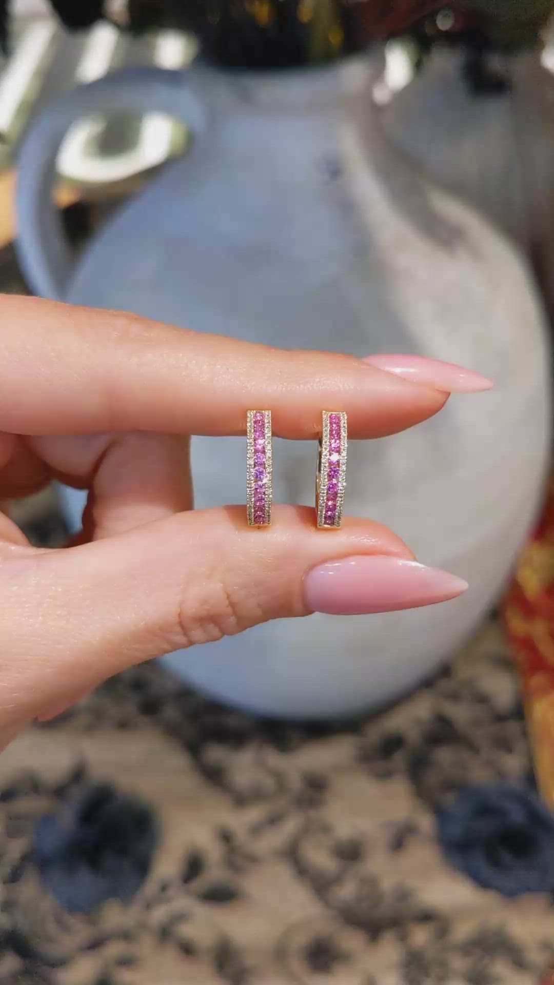 0.41 Ct.Tw. Pink Sapphire and Natural Diamond Pave Earrings, 14K Yellow Gold Size Video