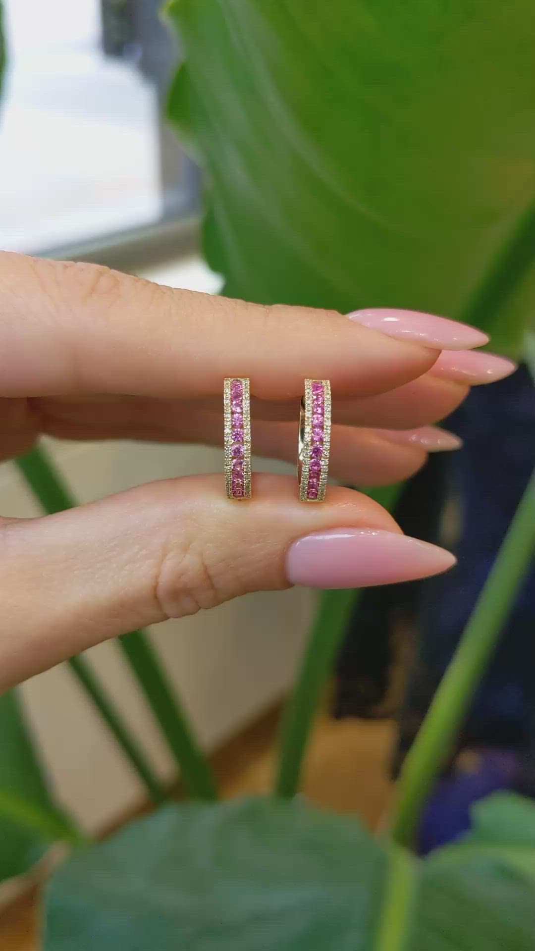 0.41 Ct.Tw. Pink Sapphire and Natural Diamond Pave Earrings, 14K Yellow Gold Size Video