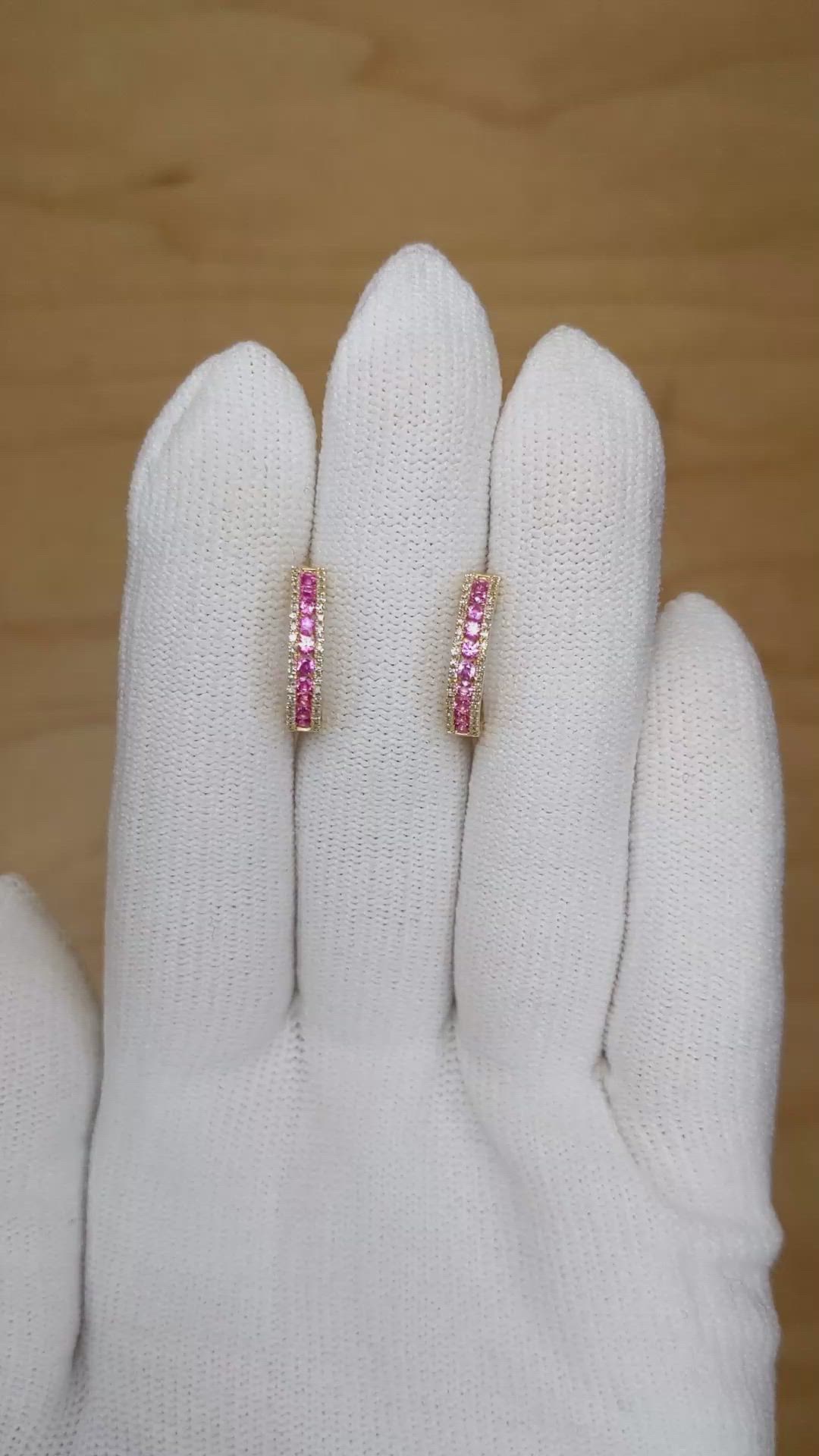 0.41 Ct.Tw. Pink Sapphire and Natural Diamond Pave Earrings, 14K Yellow Gold Size Video