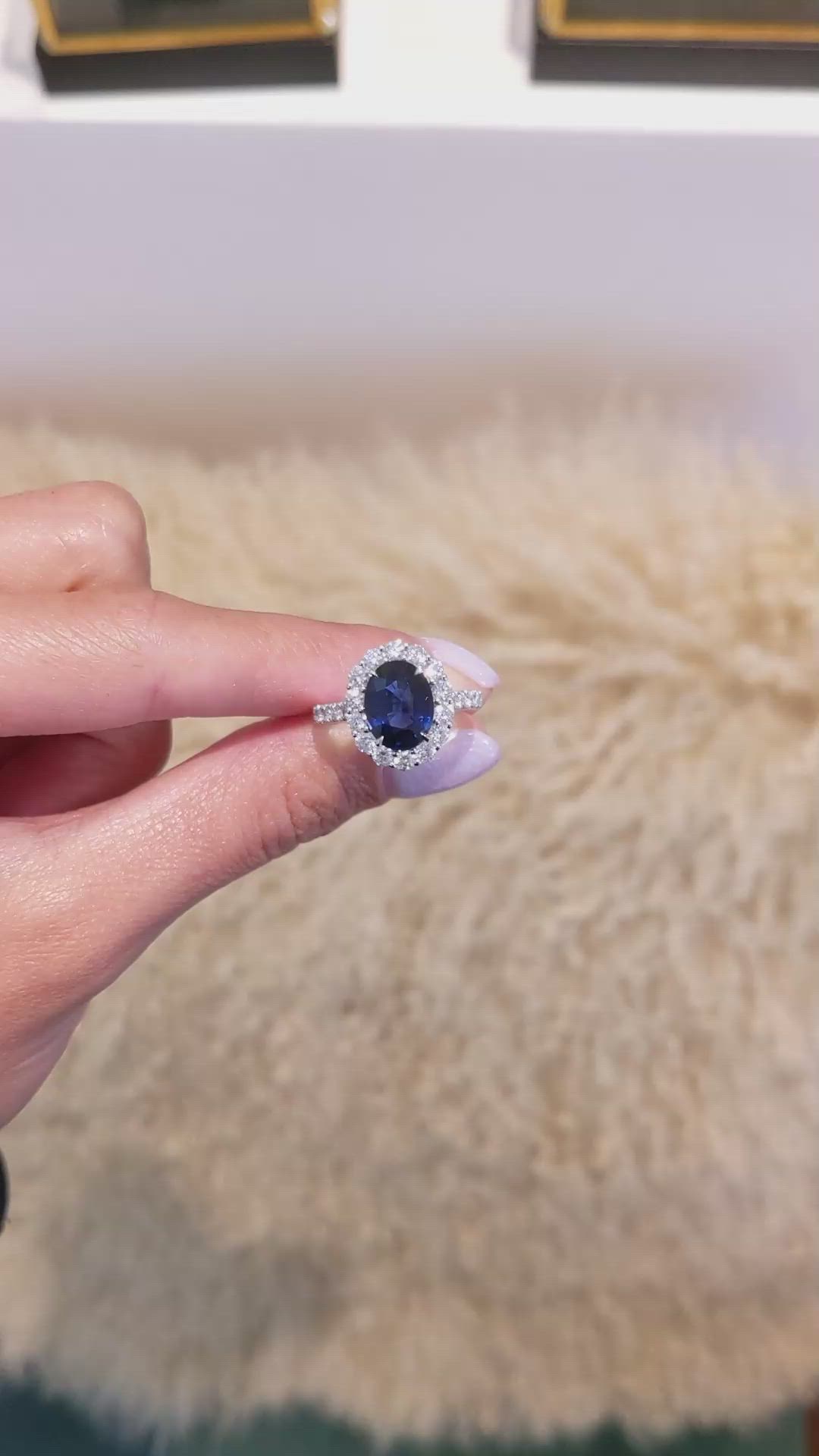 3.25 Ct. Blue Sapphire and Natural Diamond Pave Ring, 18K White Gold Size Video