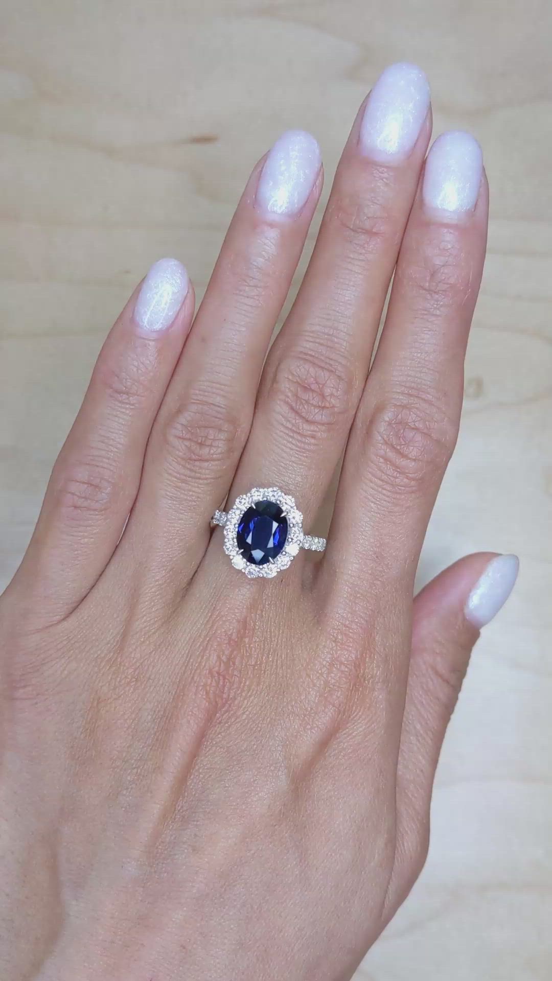3.25 Ct. Blue Sapphire and Natural Diamond Pave Ring, 18K White Gold Size Video