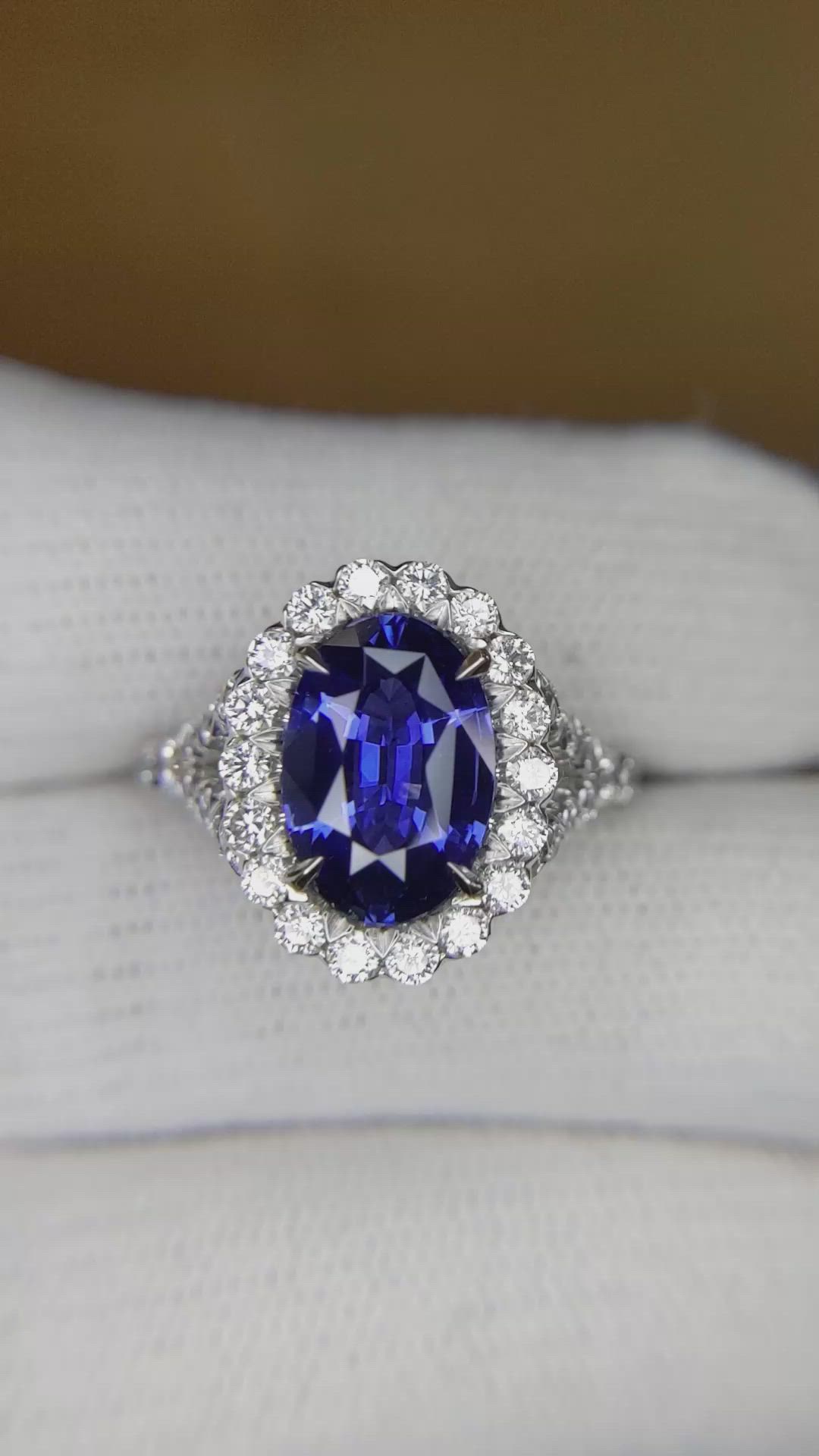 3.02 Ct. Blue Sapphire and Natural Diamond Pave Ring, 18K White Gold Size Video