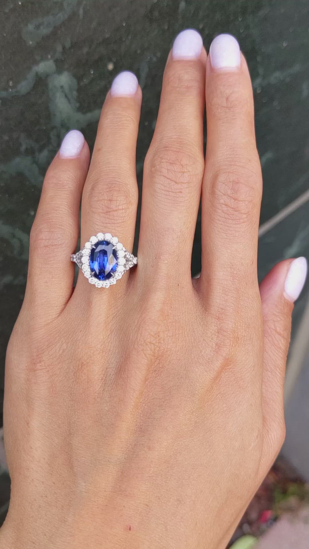 3.02 Ct. Blue Sapphire and Natural Diamond Pave Ring, 18K White Gold Size Video