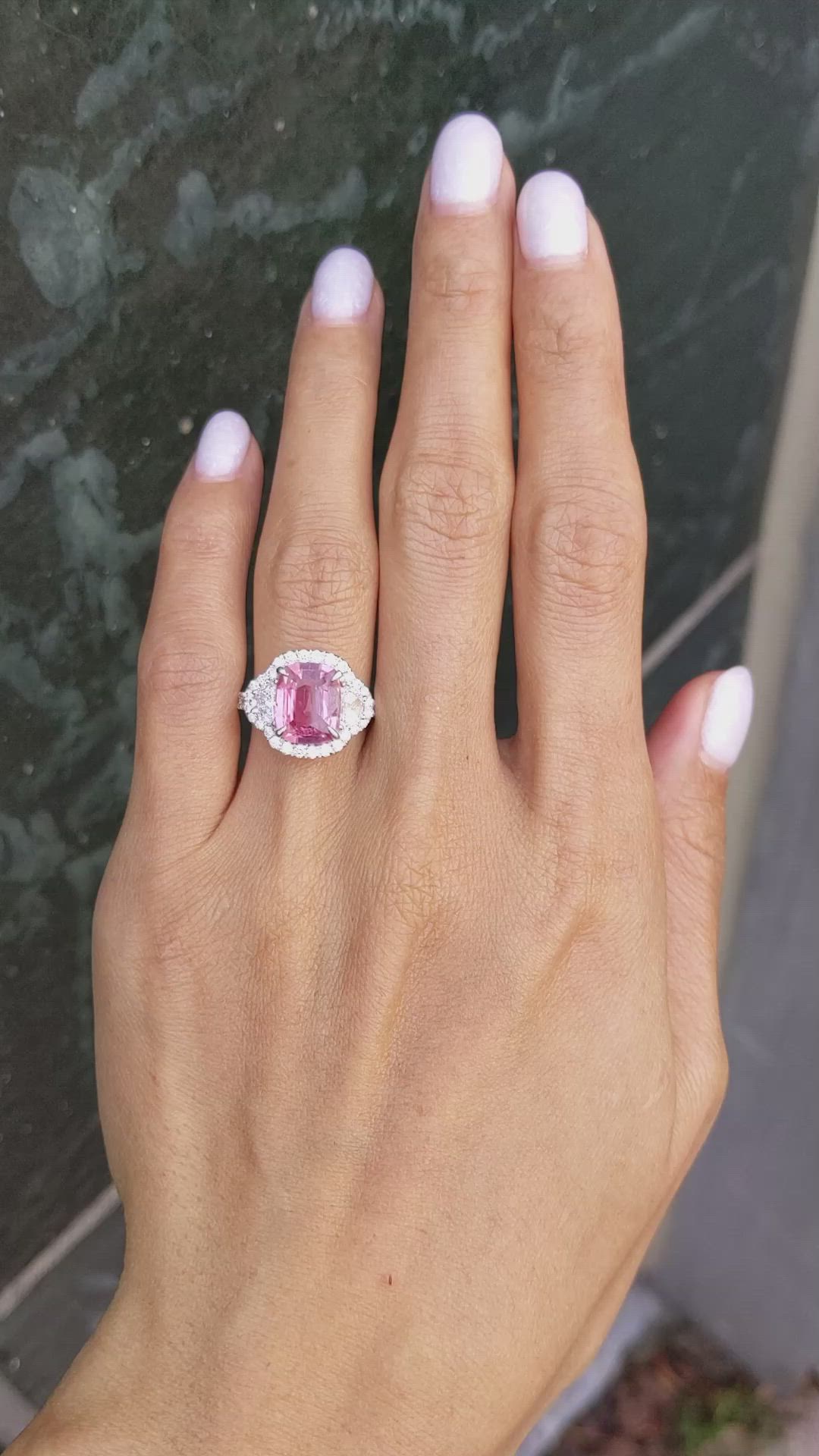 2.86 Ct. Pink Sapphire and Natural Diamond Pave Ring, 18K White Gold Size Video