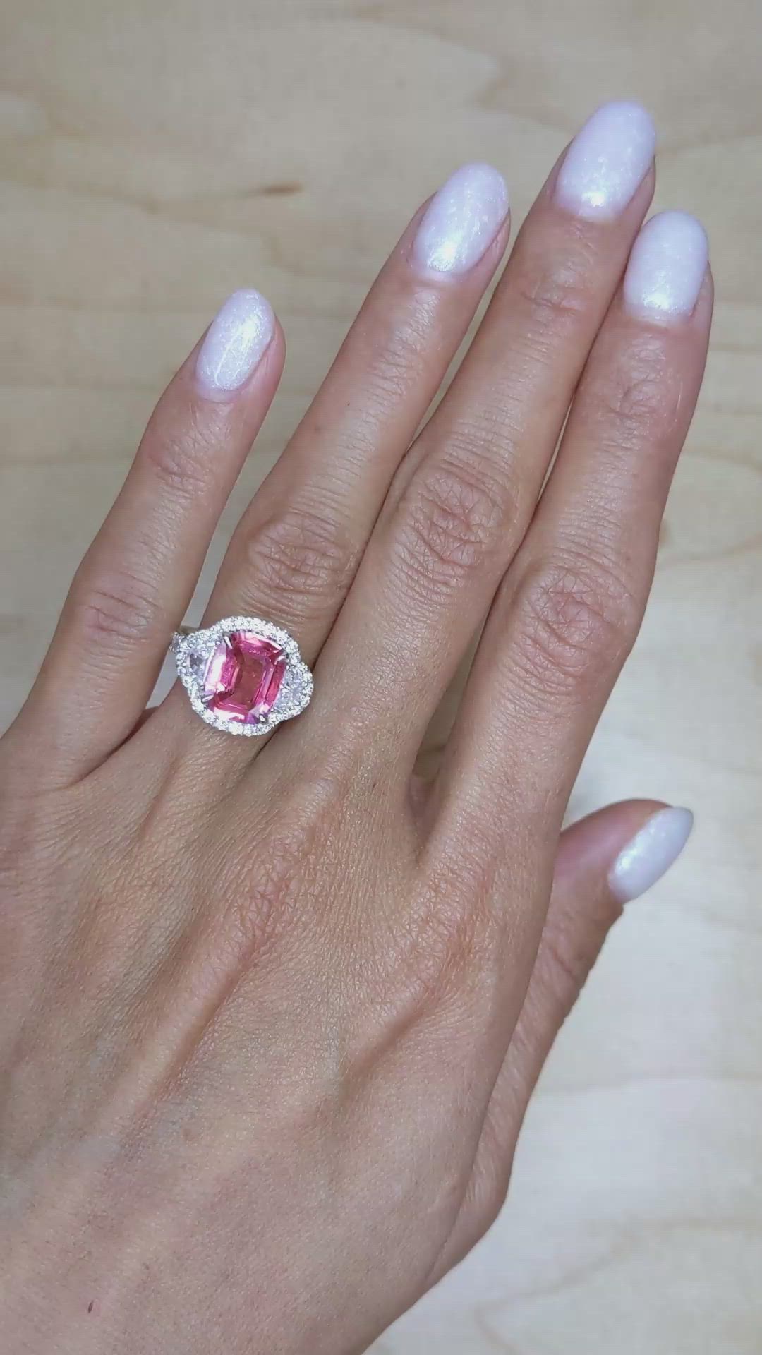 2.86 Ct. Pink Sapphire and Natural Diamond Pave Ring, 18K White Gold Size Video