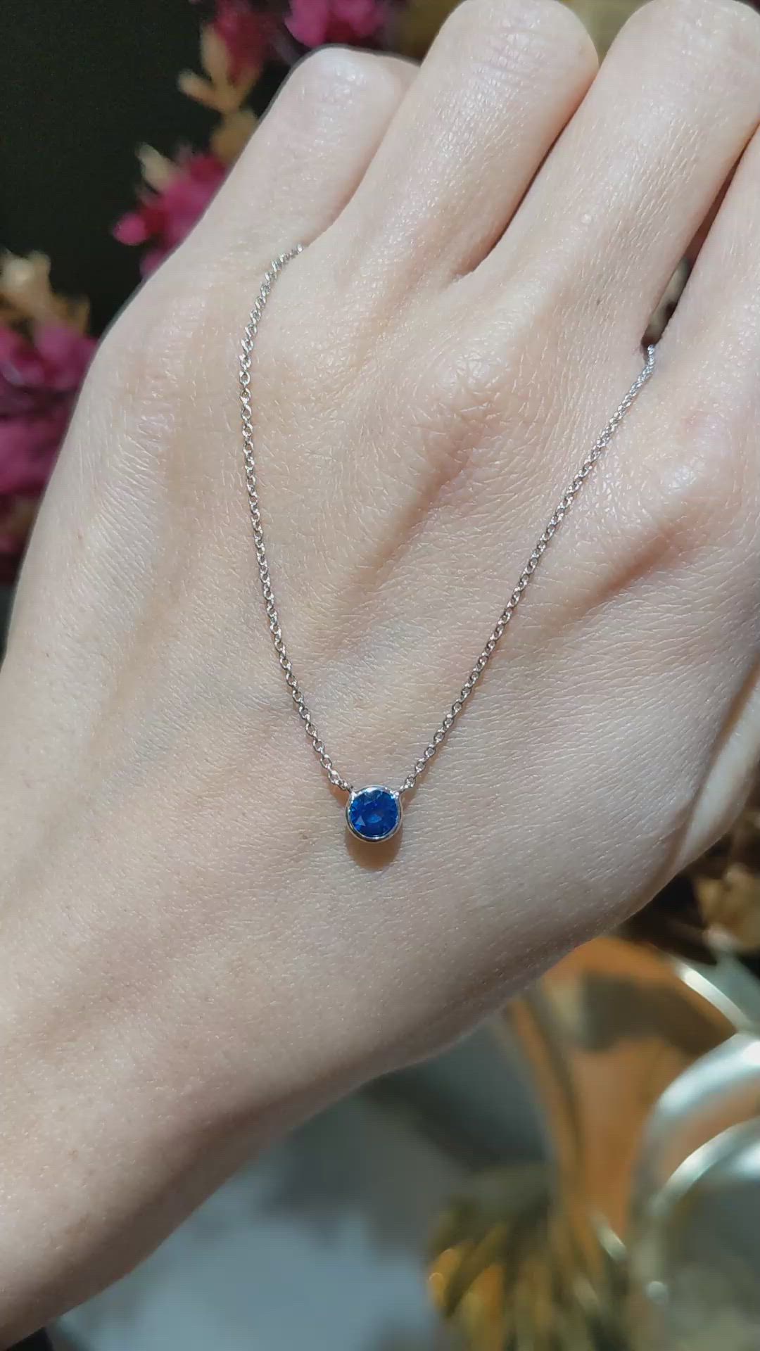 0.65 Ct. Blue Sapphire Bezel Necklace, 14K White Gold Size Video