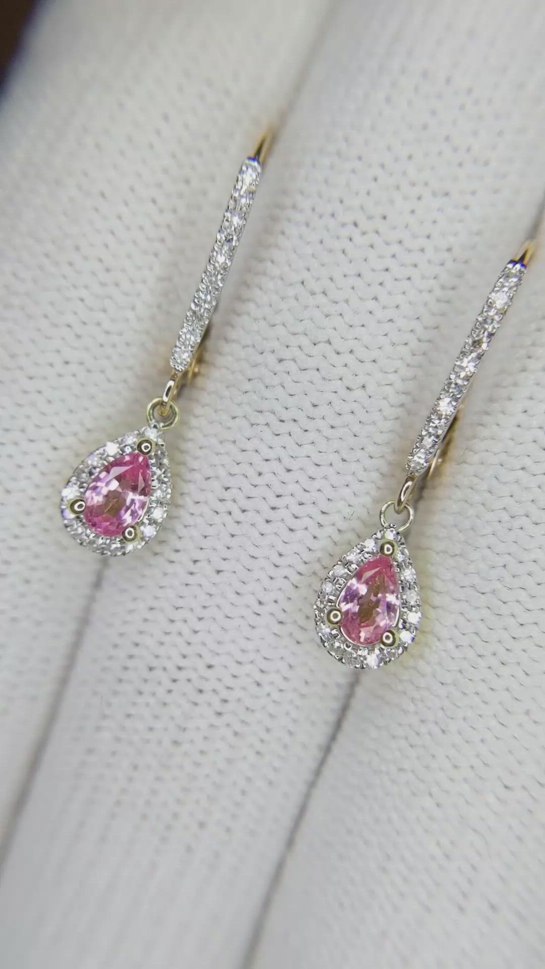 0.50 Ct.Tw.Total Carat Weight Pink Sapphire and Natural Diamond Pave Earrings, 14K Yellow Gold Size Video