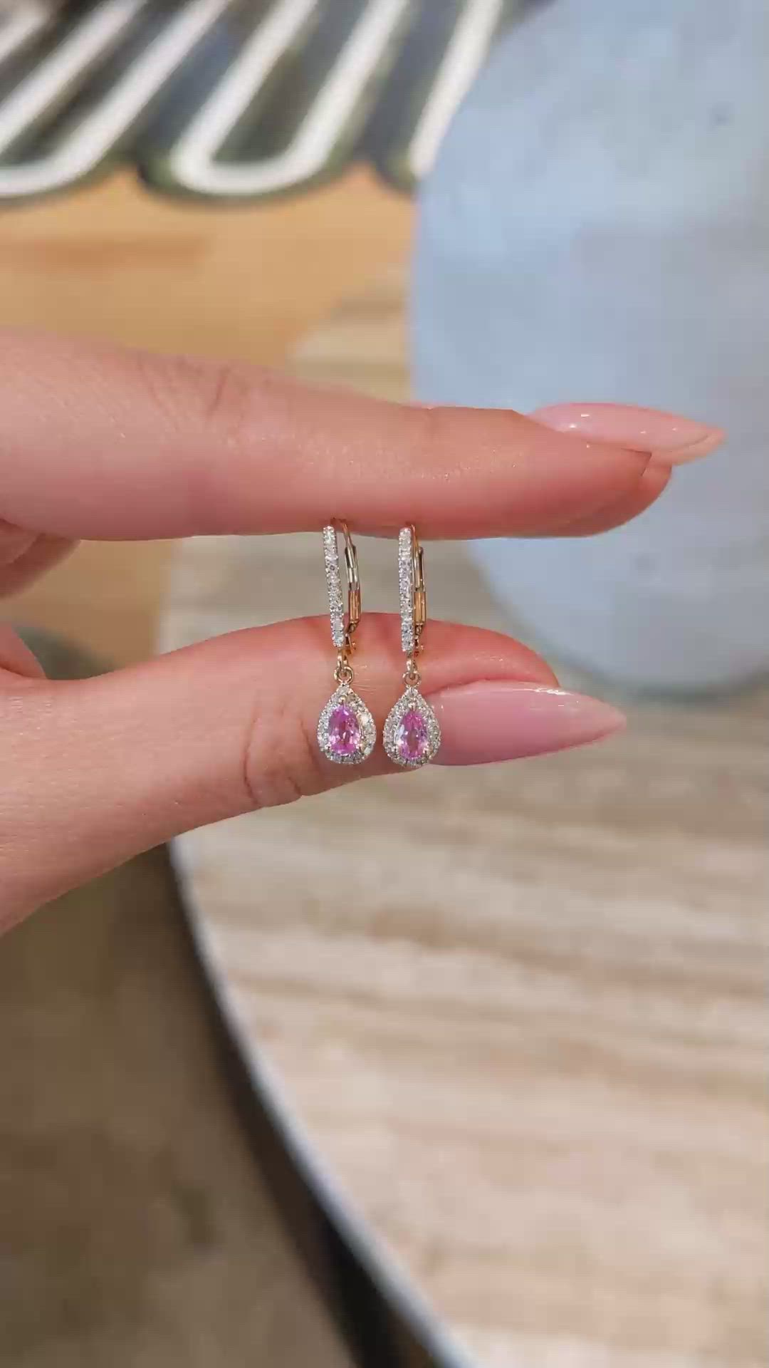 0.50 Ct.Tw.Total Carat Weight Pink Sapphire and Natural Diamond Pave Earrings, 14K Yellow Gold Size Video