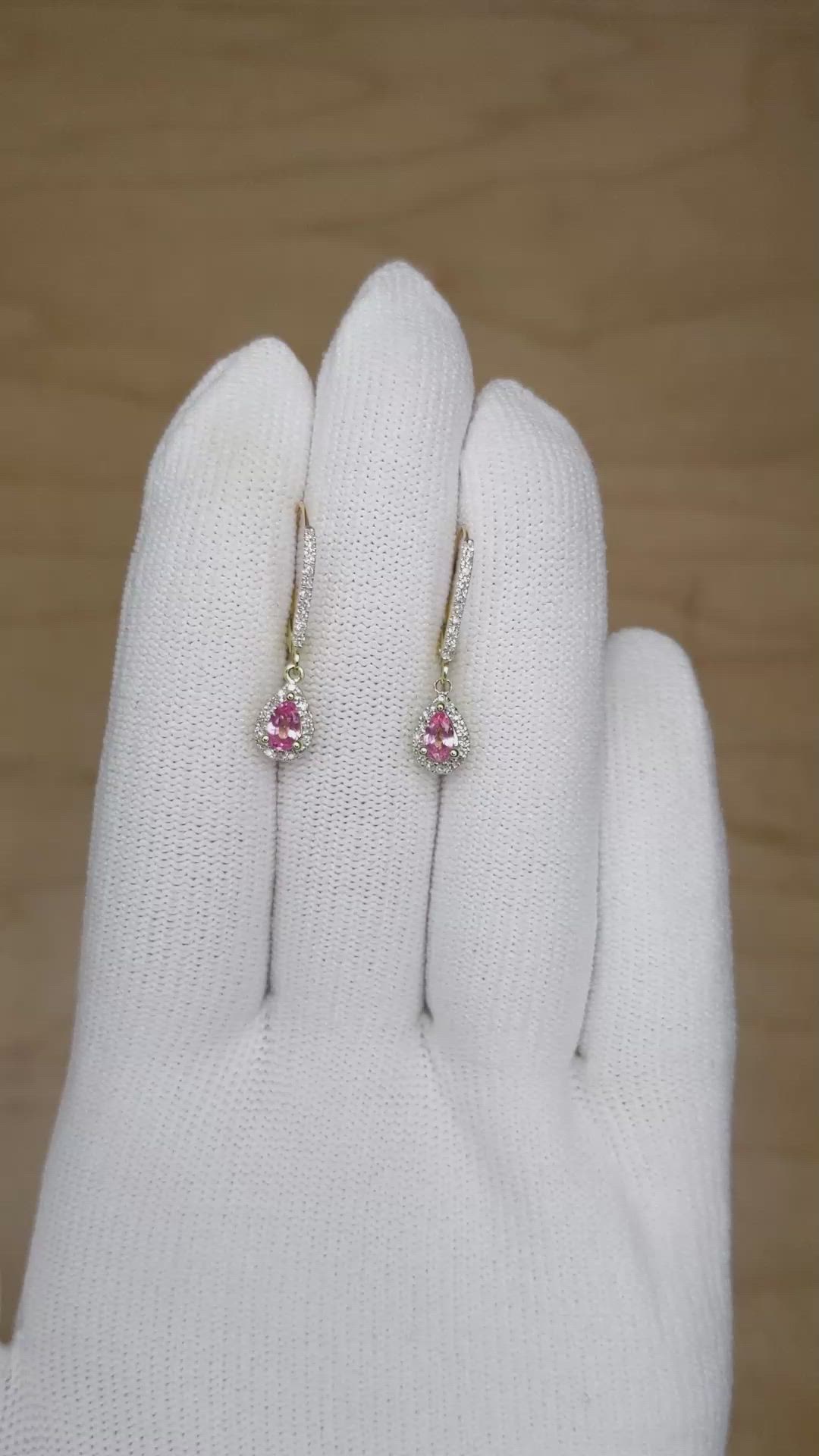 0.50 Ct.Tw.Total Carat Weight Pink Sapphire and Natural Diamond Pave Earrings, 14K Yellow Gold Size Video