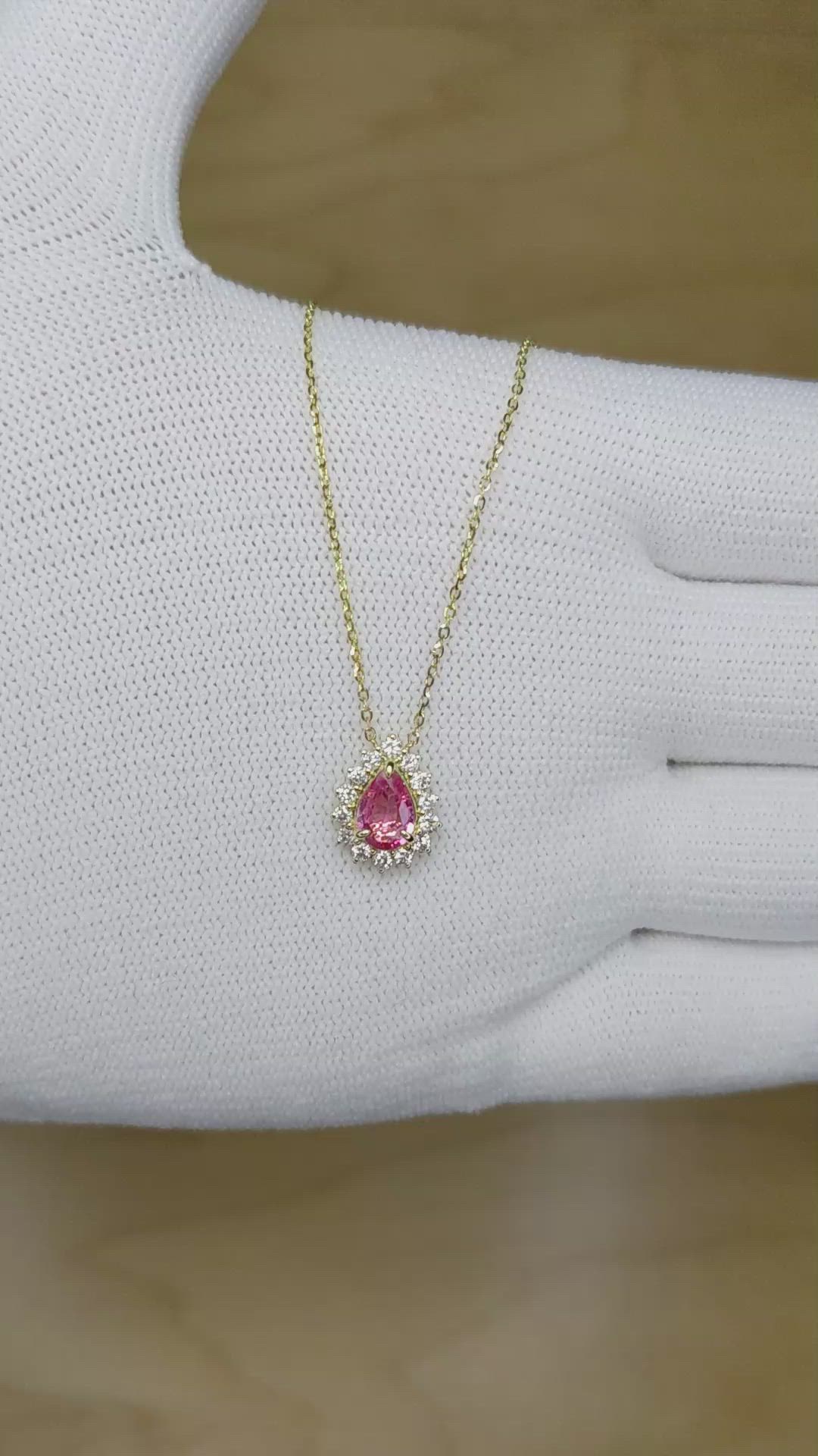 0.66 Ct. Pink Sapphire and Natural Diamond Halo Necklace, 14K Yellow Gold Size Video