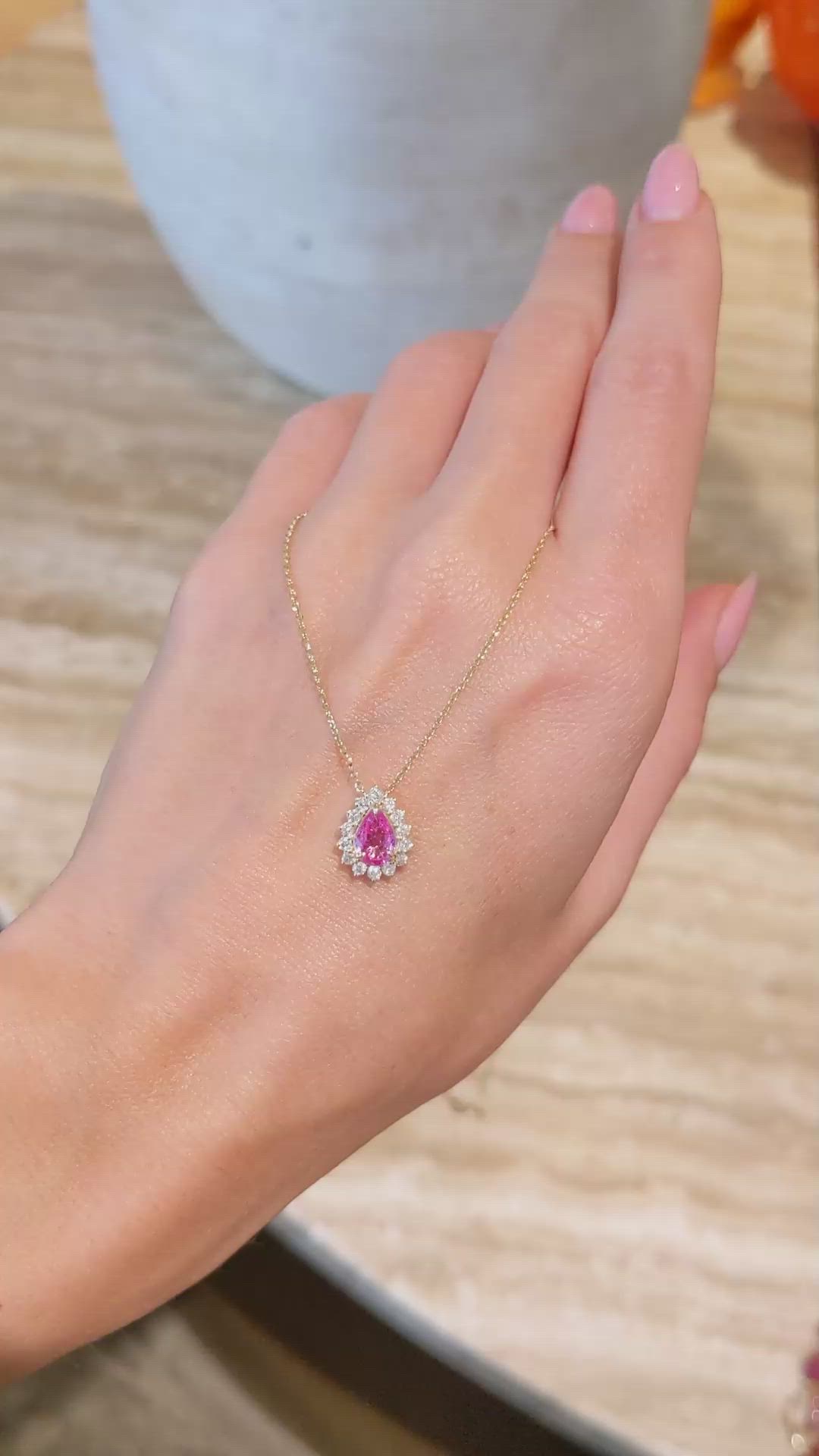 0.66 Ct. Pink Sapphire and Natural Diamond Halo Necklace, 14K Yellow Gold Size Video