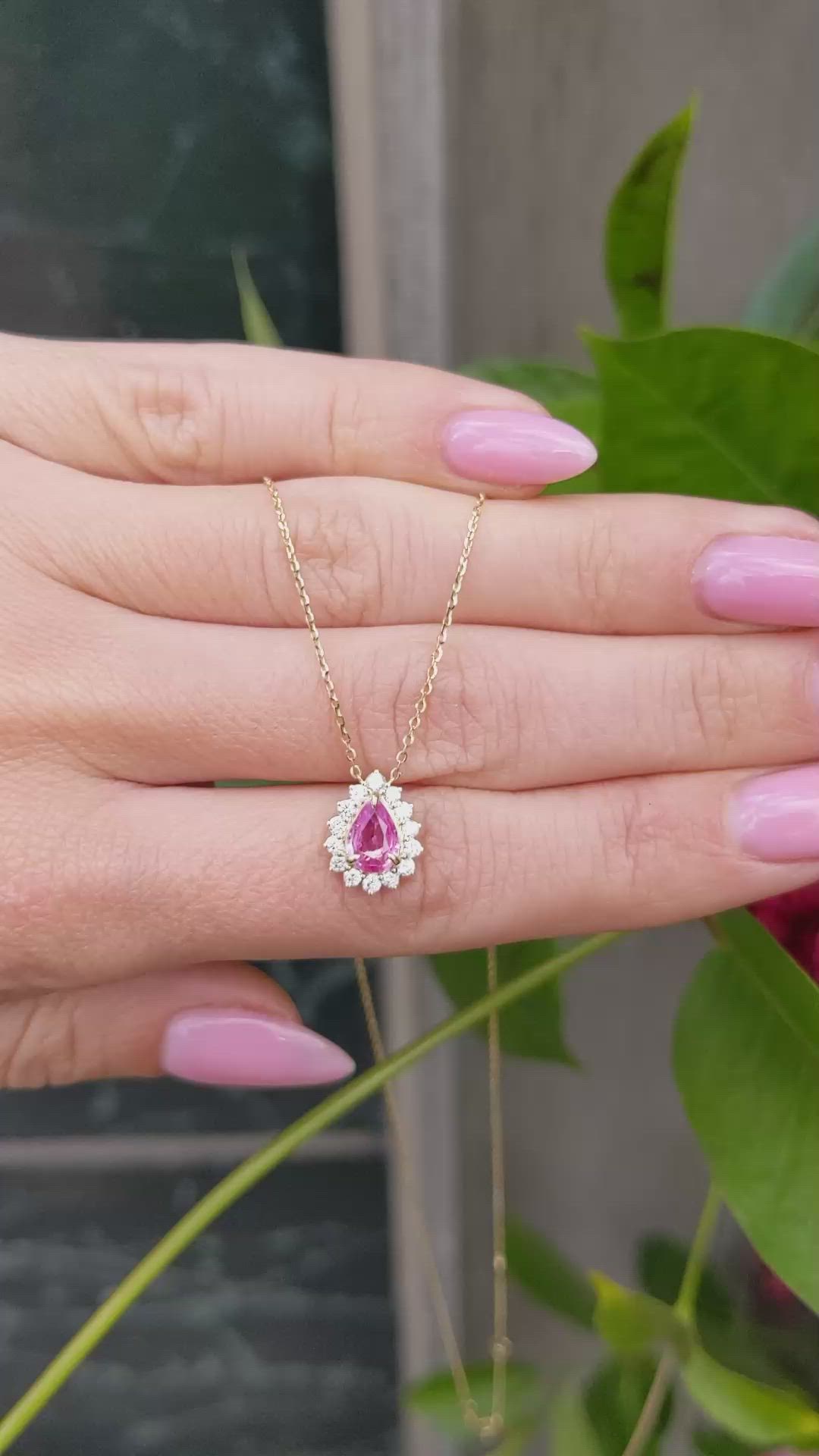 0.66 Ct. Pink Sapphire and Natural Diamond Halo Necklace, 14K Yellow Gold Size Video