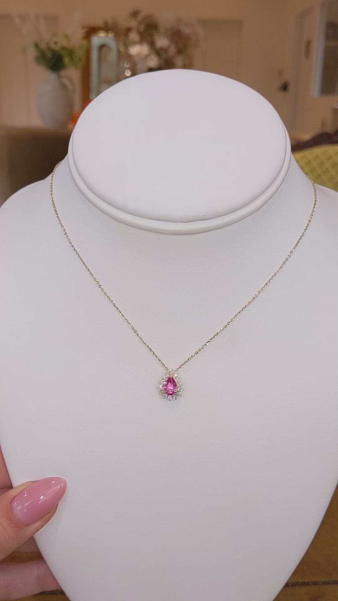 0.66 Ct. Pink Sapphire and Natural Diamond Halo Necklace, 14K Yellow Gold Size Video