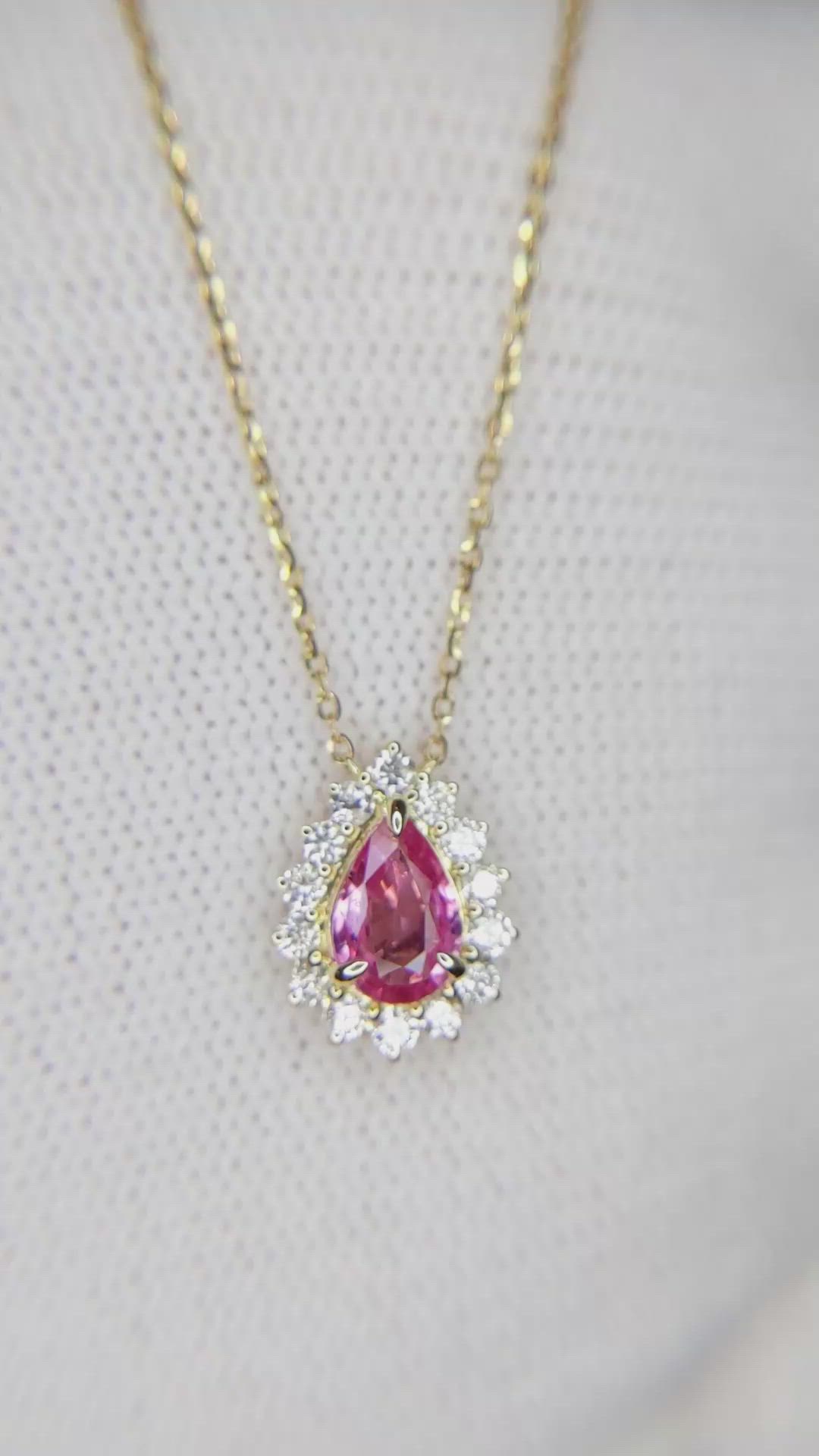 0.66 Ct. Pink Sapphire and Natural Diamond Halo Necklace, 14K Yellow Gold Size Video